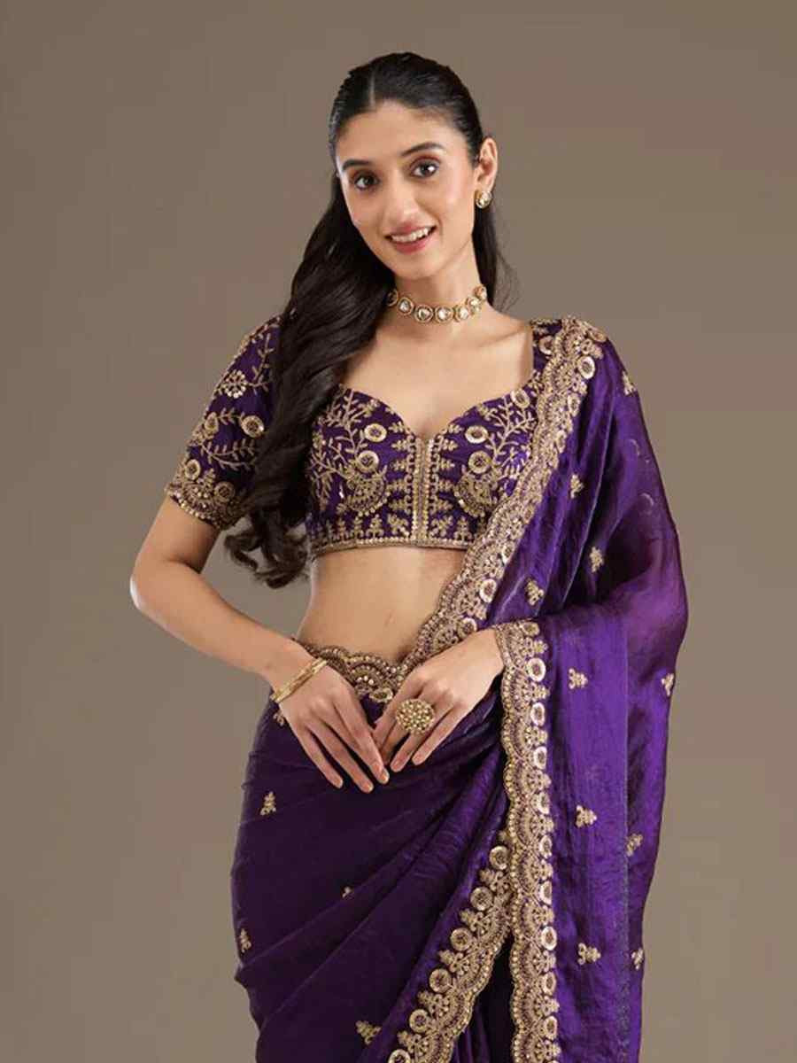 Purple Frendy Satin Silk Embroidery Bridal Reception Festival Wedding Fancy Heavy Border Saree