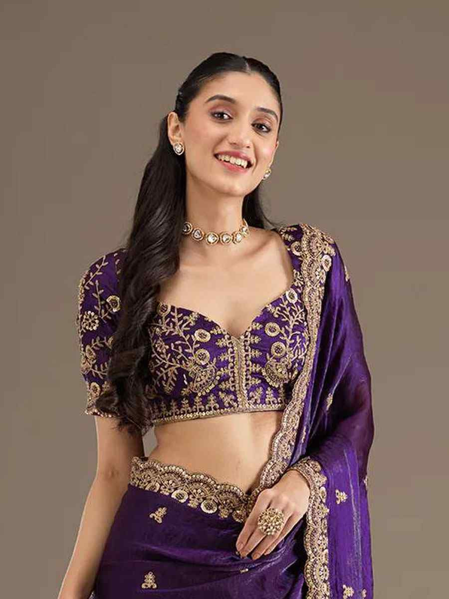Purple Frendy Satin Silk Embroidery Bridal Reception Festival Wedding Fancy Heavy Border Saree