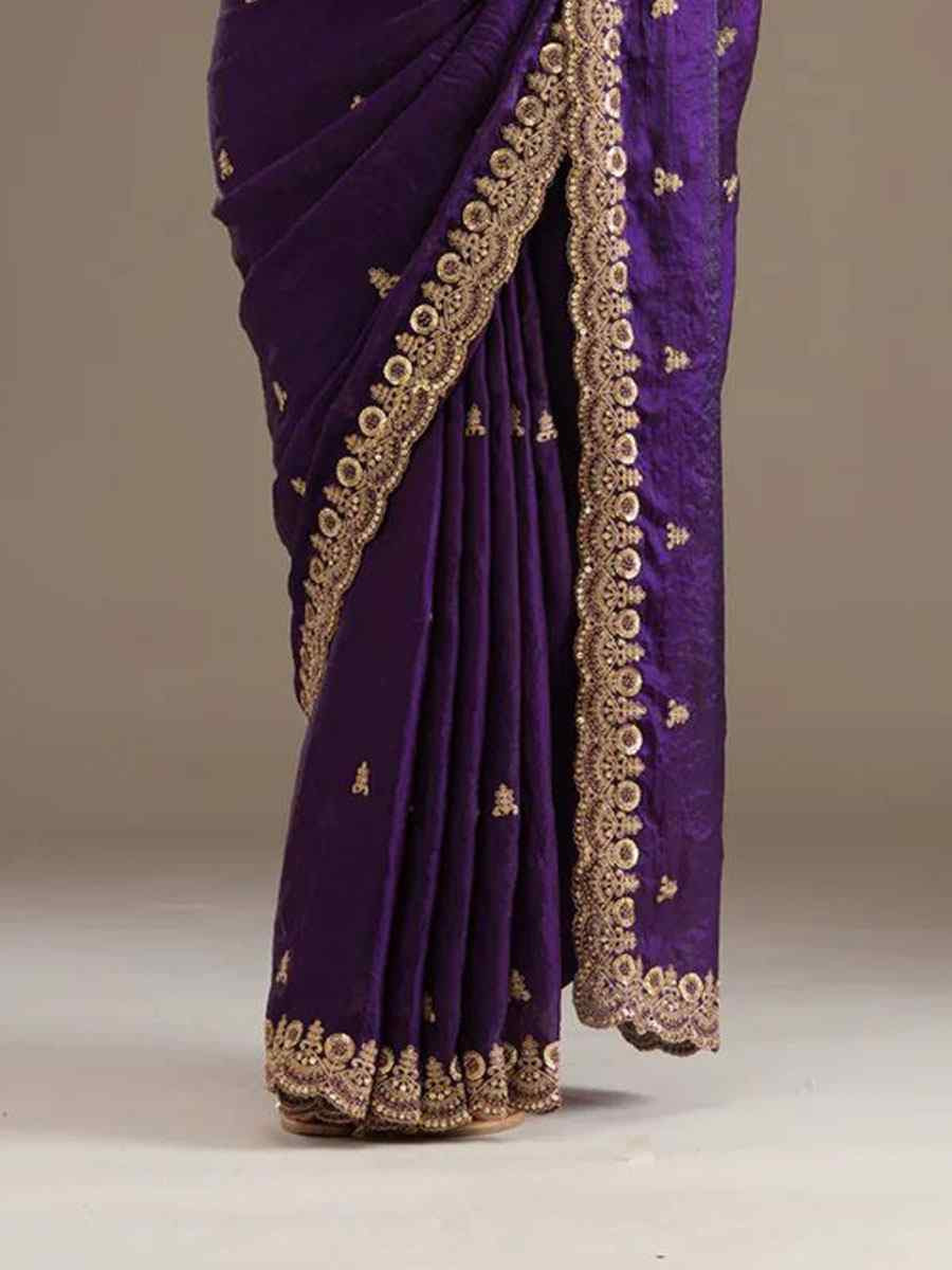 Purple Frendy Satin Silk Embroidery Bridal Reception Festival Wedding Fancy Heavy Border Saree