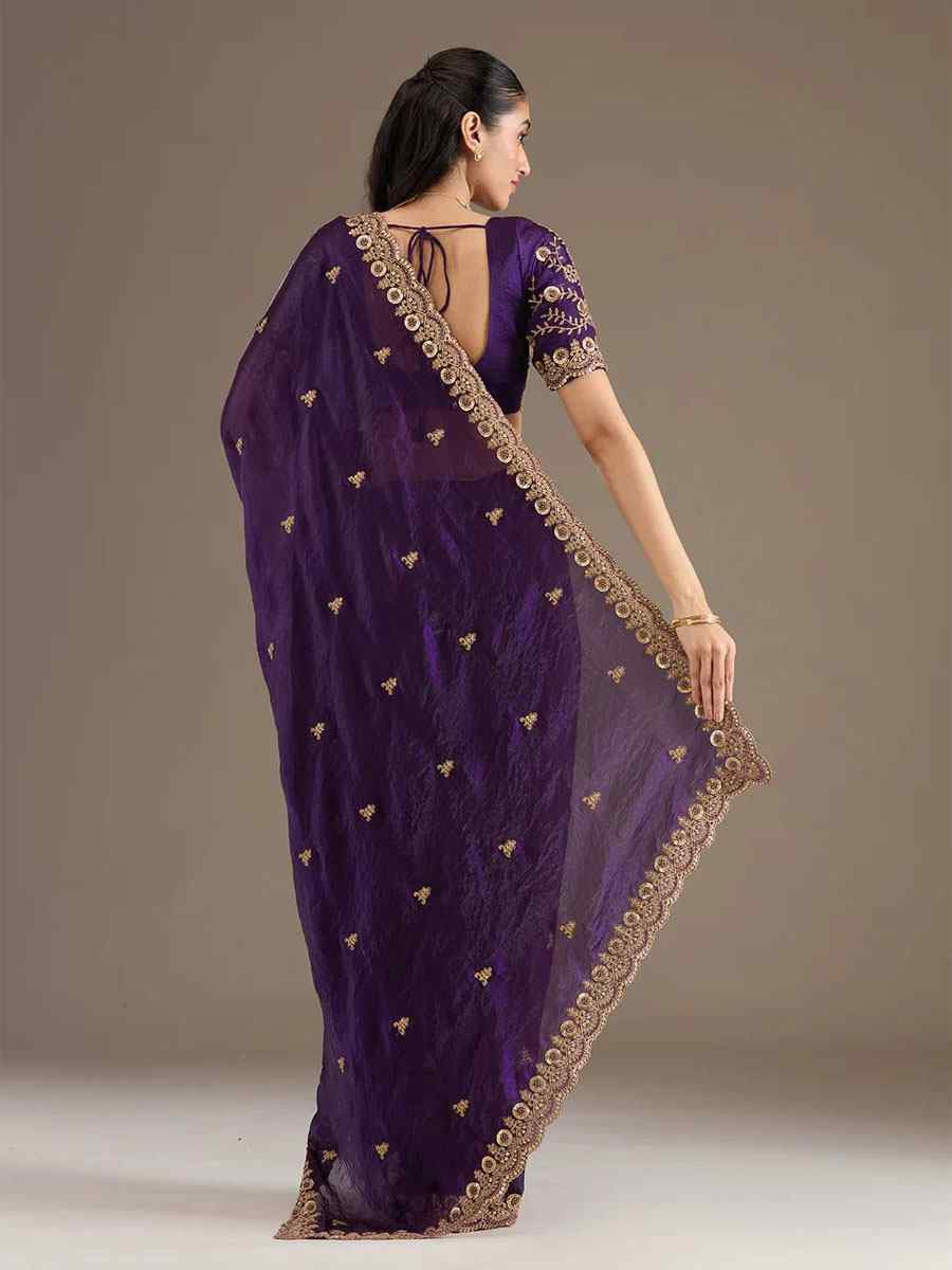 Purple Frendy Satin Silk Embroidery Bridal Reception Festival Wedding Fancy Heavy Border Saree