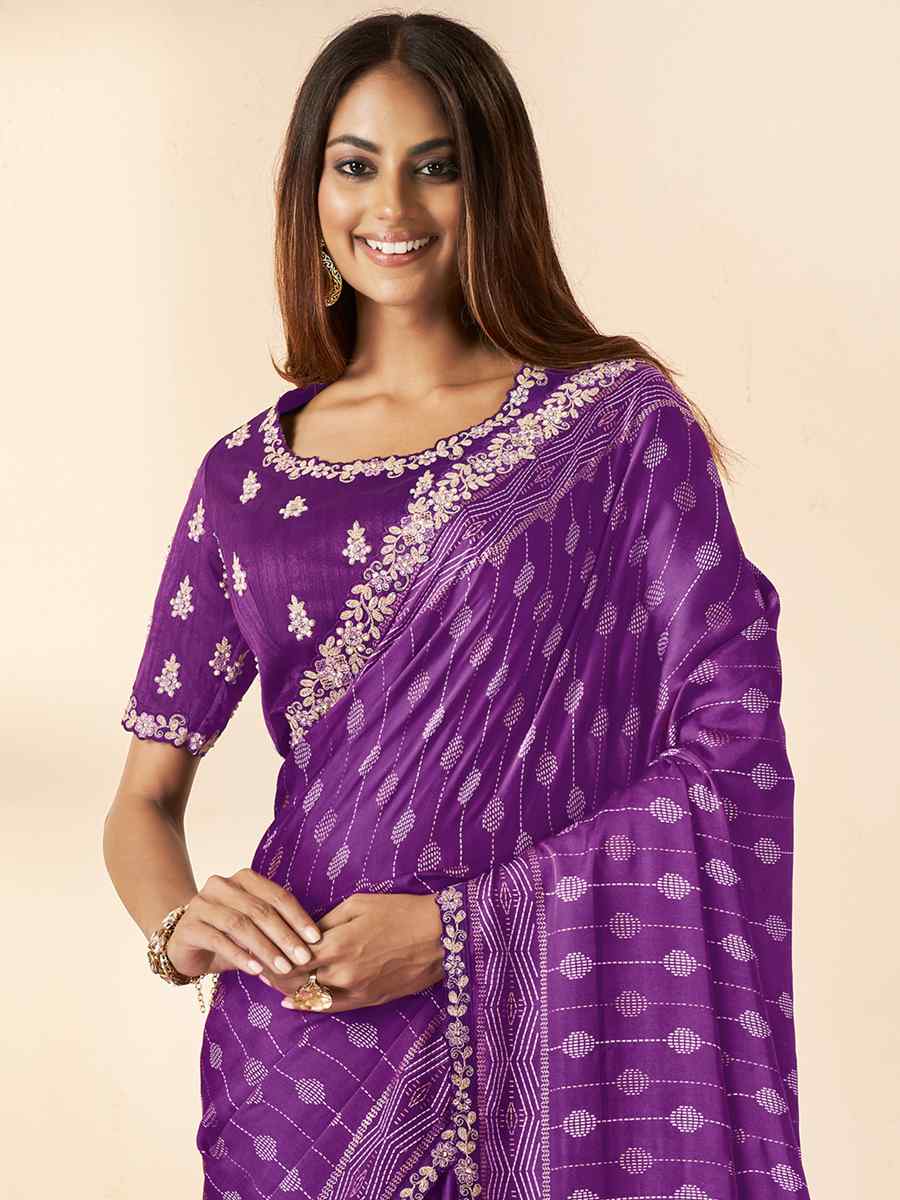 Purple Gajji Silk Embroidery Wedding Reception Heavy Border Saree