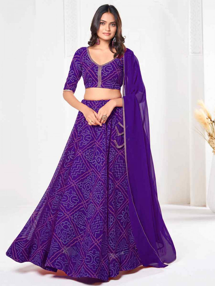 Purple Georgette Bandhani Print Reception Wedding Heavy Border Lehenga Choli