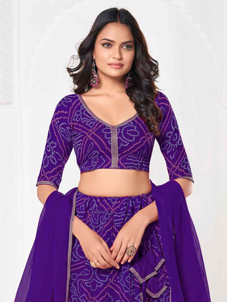 Purple Georgette Bandhani Print Reception Wedding Heavy Border Lehenga Choli