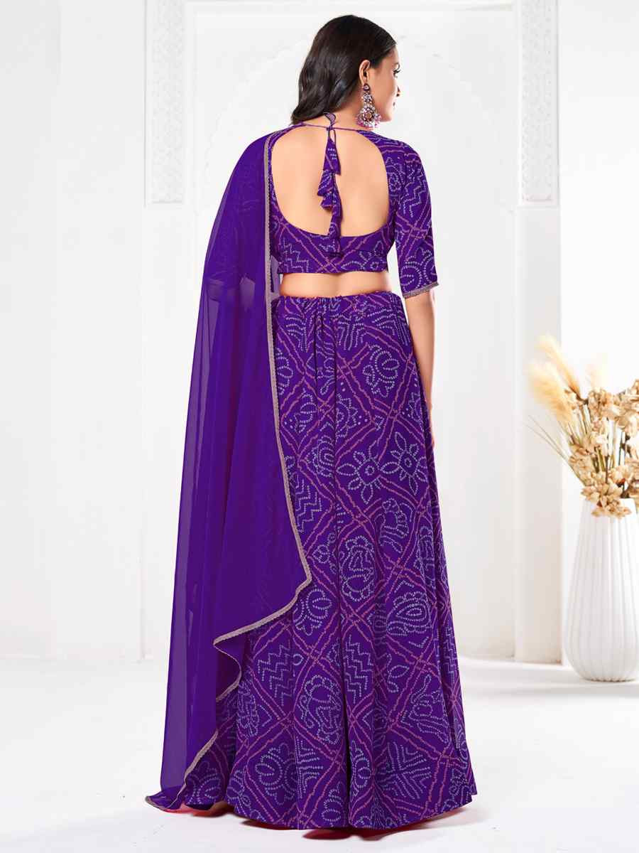 Purple Georgette Bandhani Print Reception Wedding Heavy Border Lehenga Choli