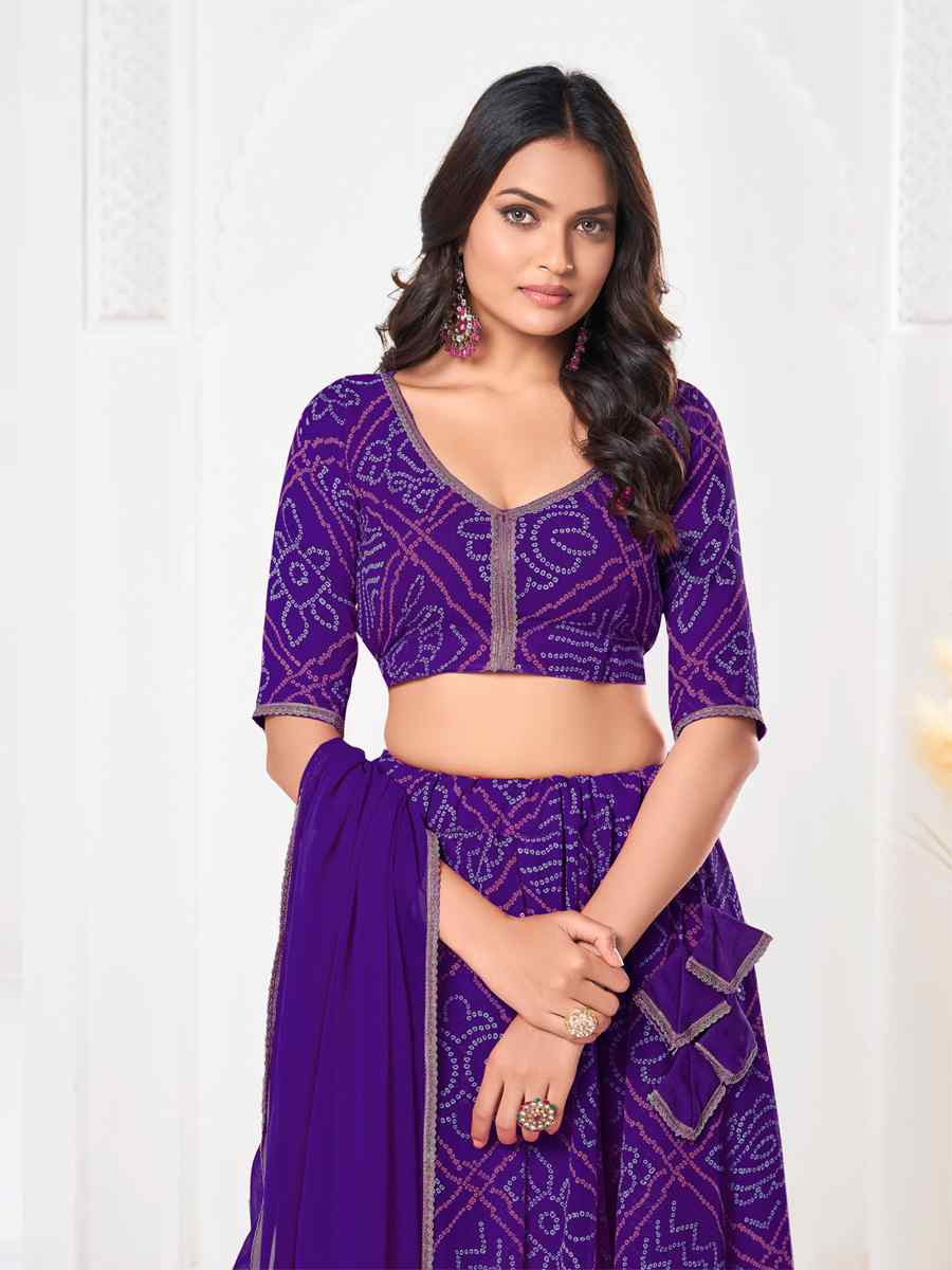 Purple Georgette Bandhani Print Reception Wedding Heavy Border Lehenga Choli