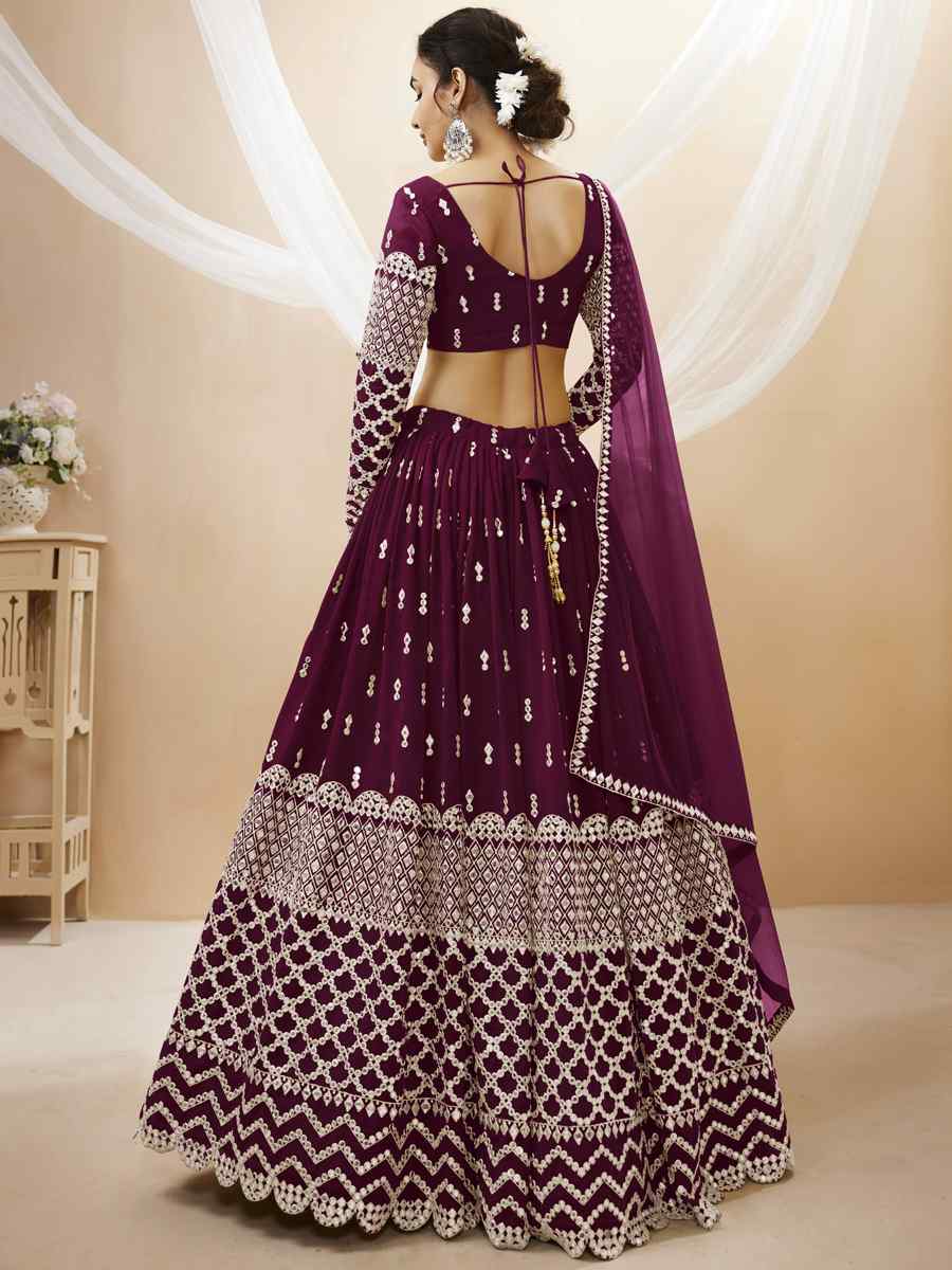 Purple Georgette Embroidered Bridesmaid Wedding Heavy Border Lehenga Choli