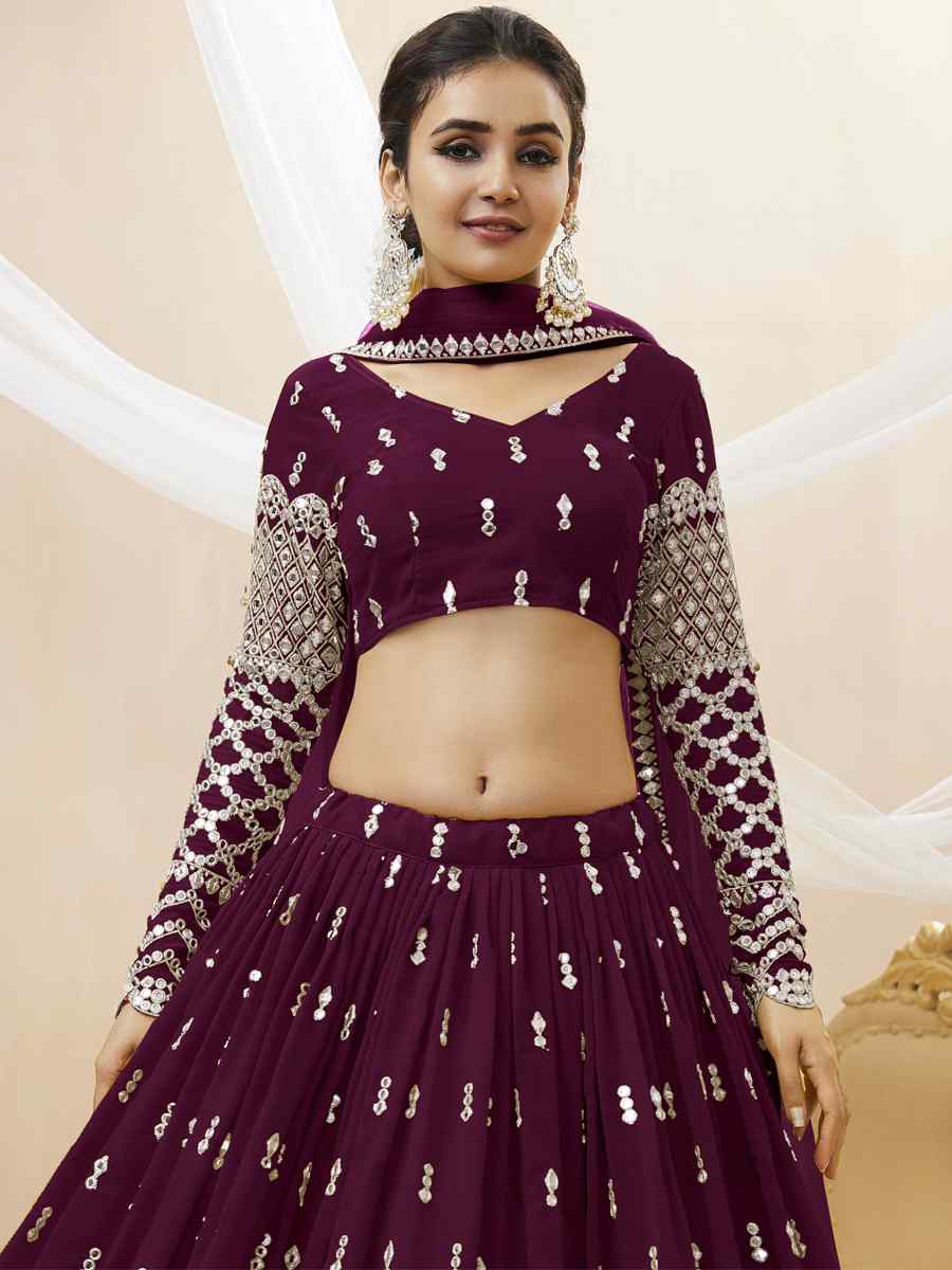 Purple Georgette Embroidered Bridesmaid Wedding Heavy Border Lehenga Choli