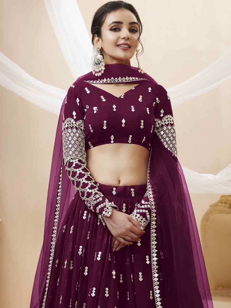 Purple Georgette Embroidered Bridesmaid Wedding Heavy Border Lehenga Choli