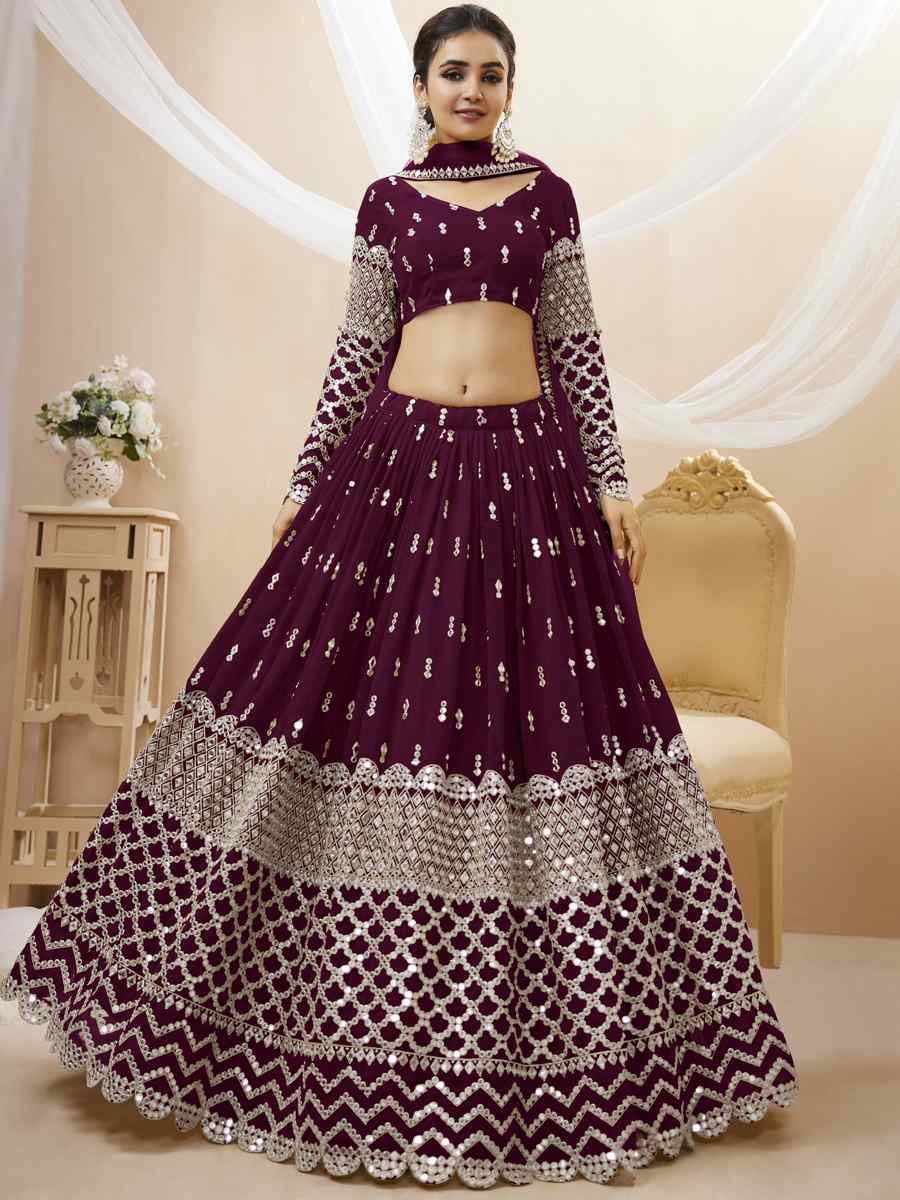 Purple Georgette Embroidered Bridesmaid Wedding Heavy Border Lehenga Choli