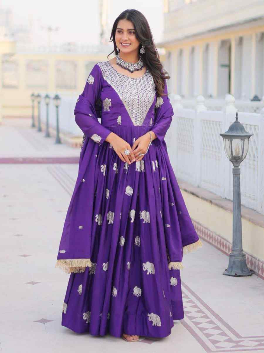 Purple Georgette Embroidered Festival Casual Gown