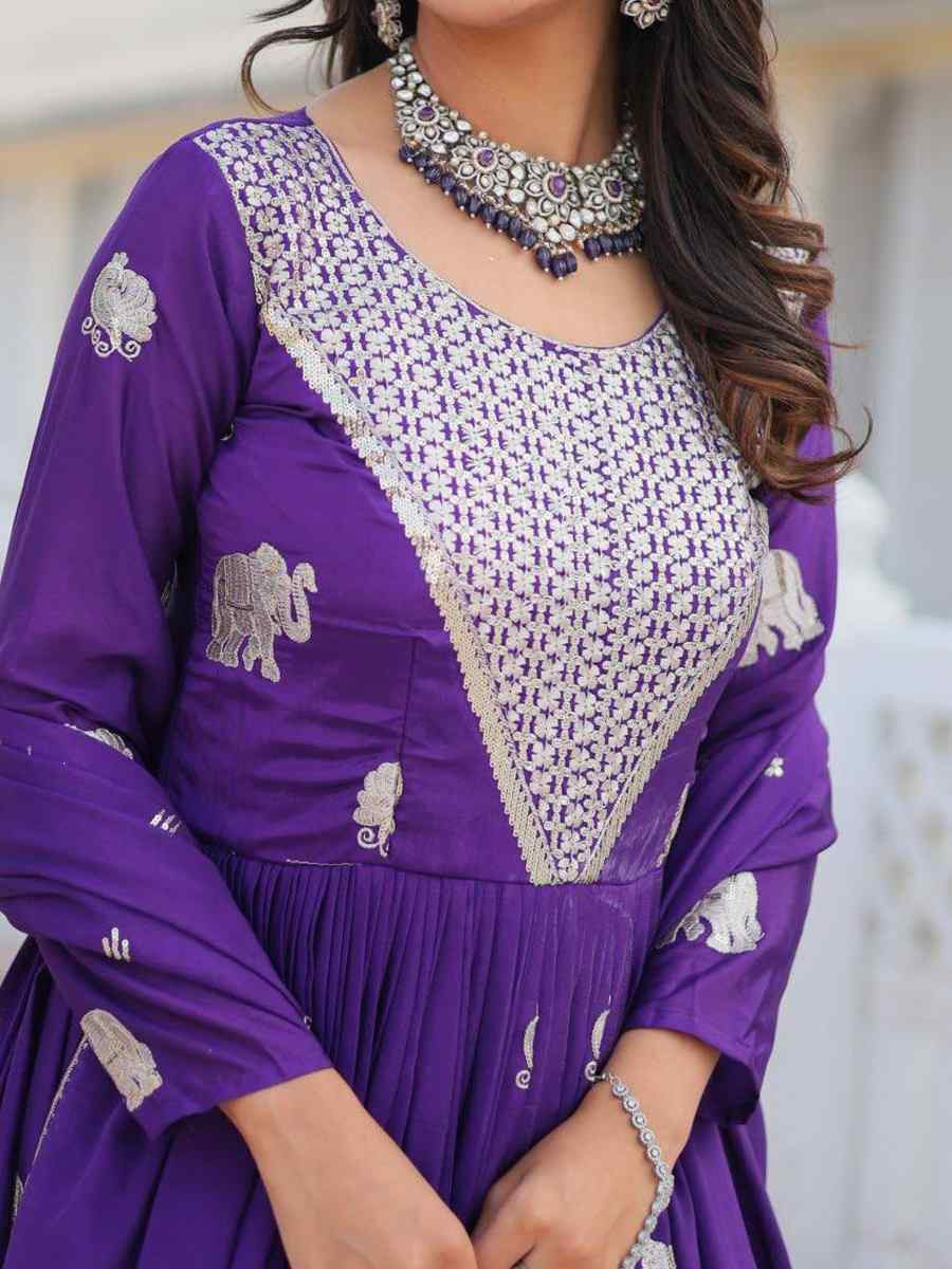 Purple Georgette Embroidered Festival Casual Gown