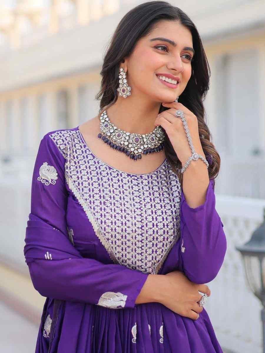 Purple Georgette Embroidered Festival Casual Gown