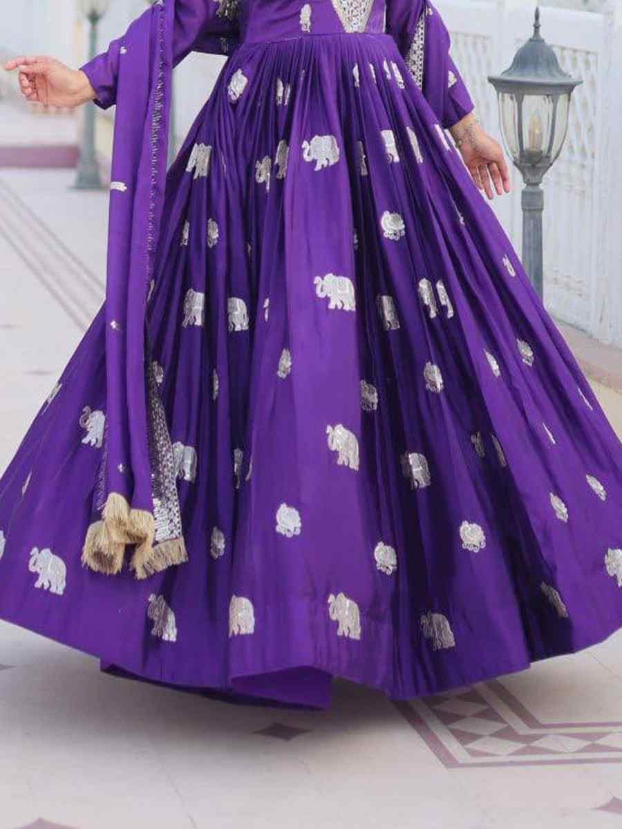 Purple Georgette Embroidered Festival Casual Gown