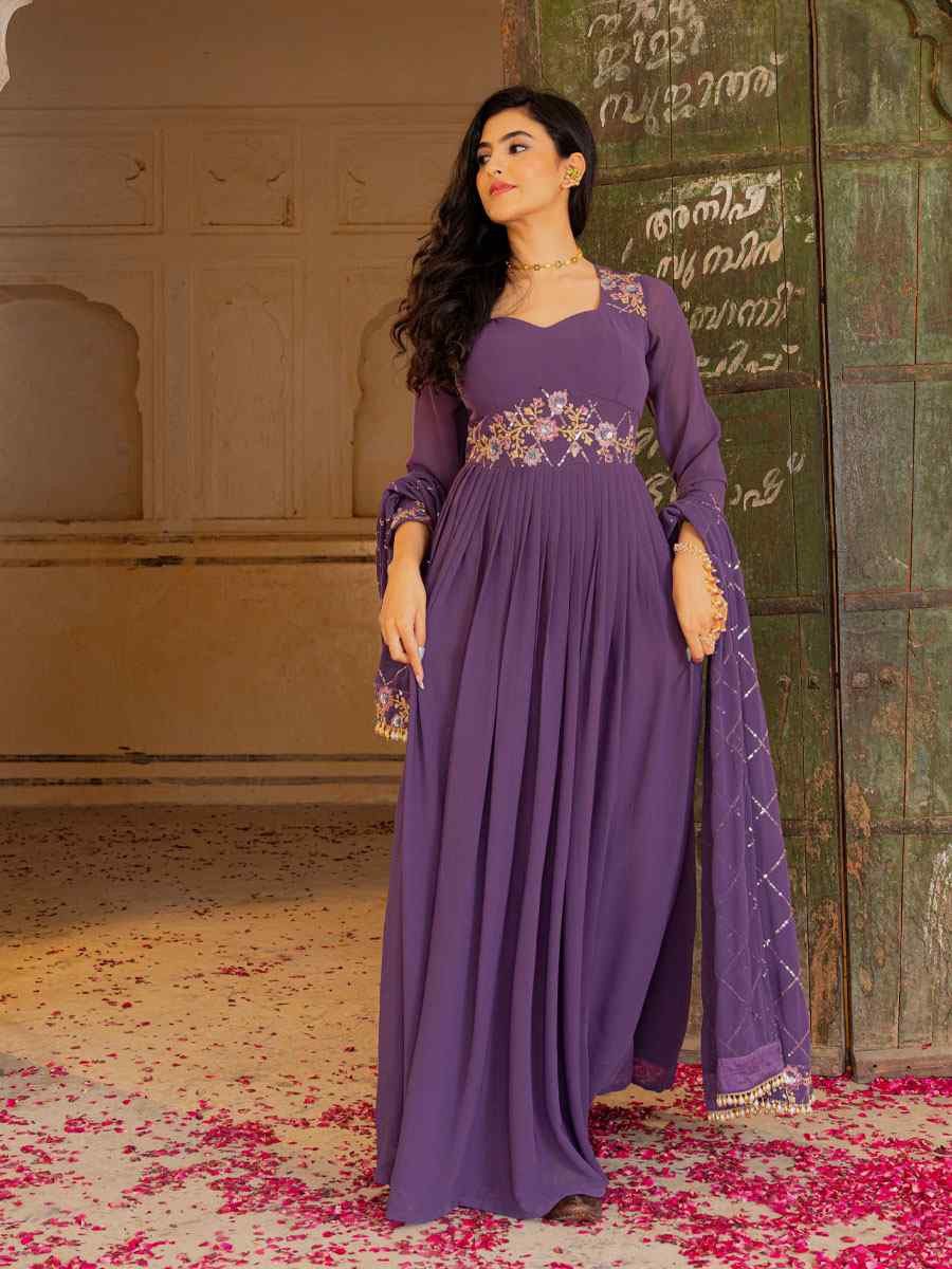 Purple Georgette Embroidered Festival Casual Gown Women Wear