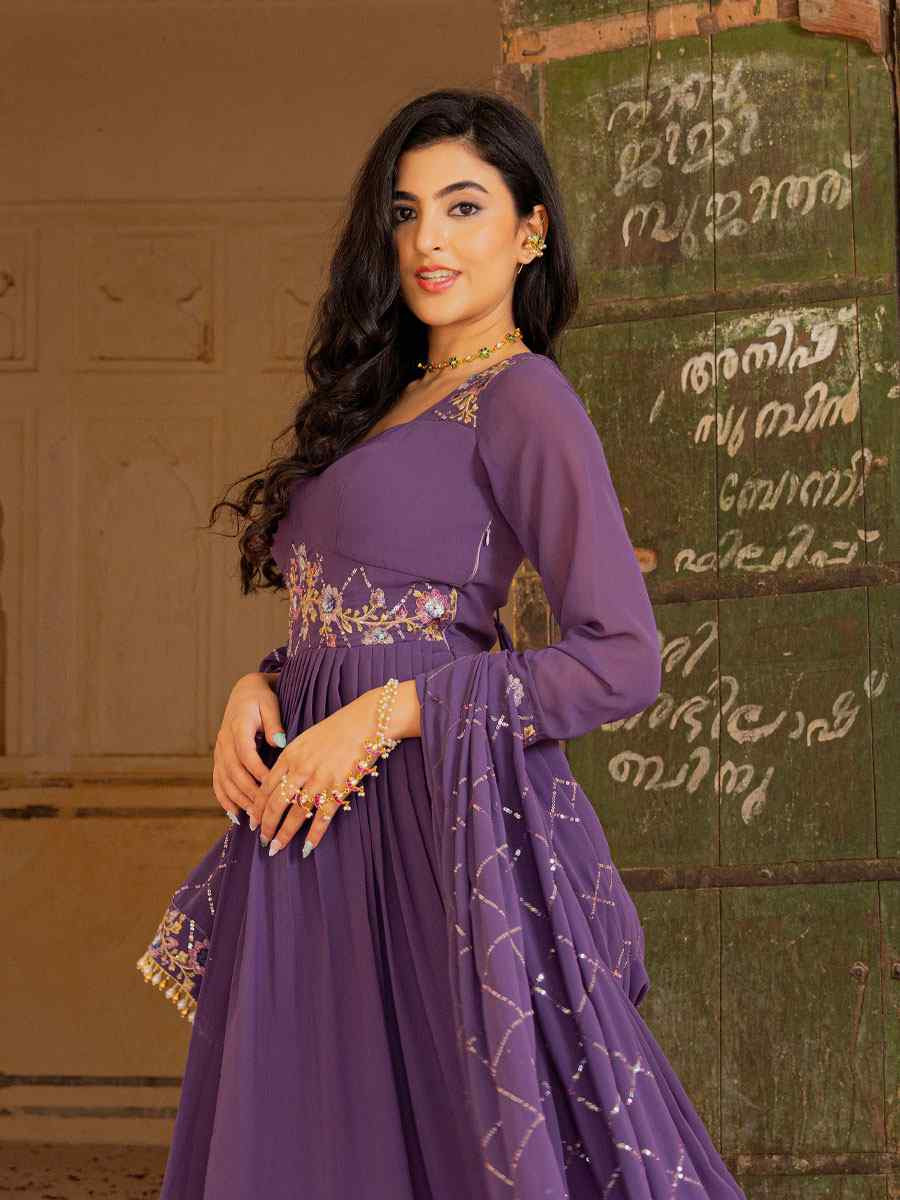 Purple Georgette Embroidered Festival Casual Gown Women Wear