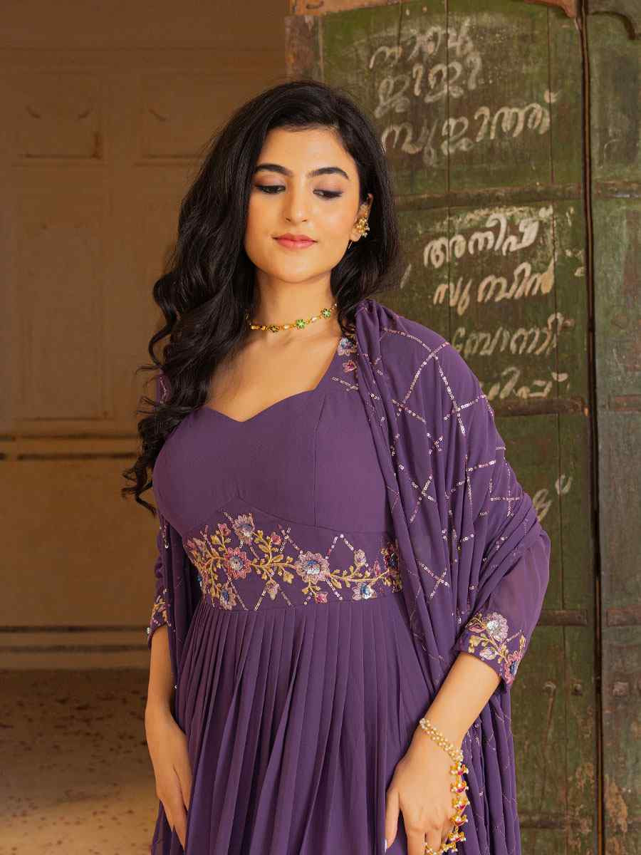 Purple Georgette Embroidered Festival Casual Gown Women Wear