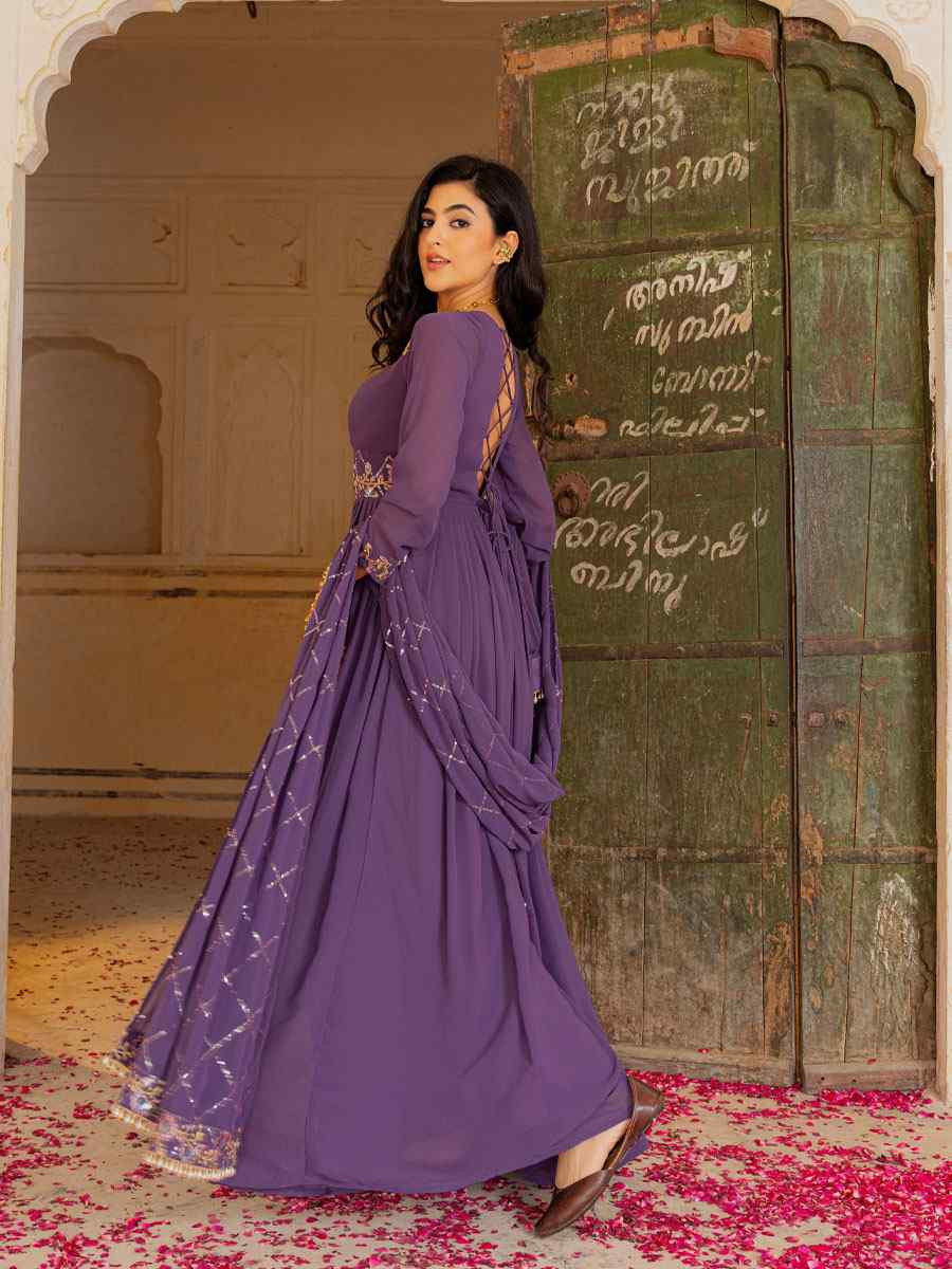Purple Georgette Embroidered Festival Casual Gown Women Wear