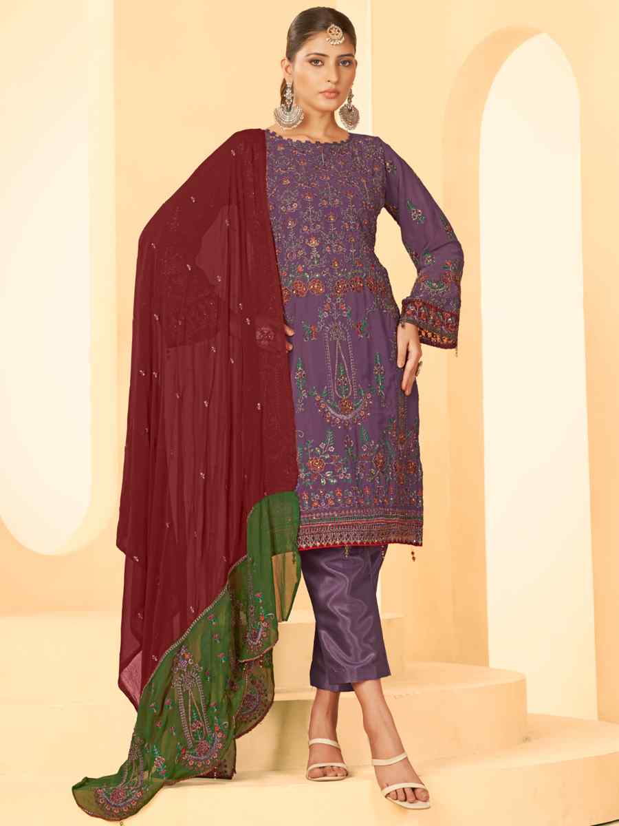 Purple Georgette Embroidered Festival Casual Pant Salwar Kameez