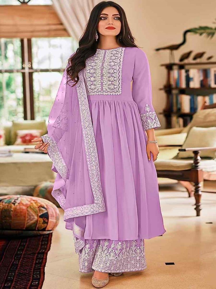 Purple Georgette Embroidered Festival Casual Pant Salwar Kameez
