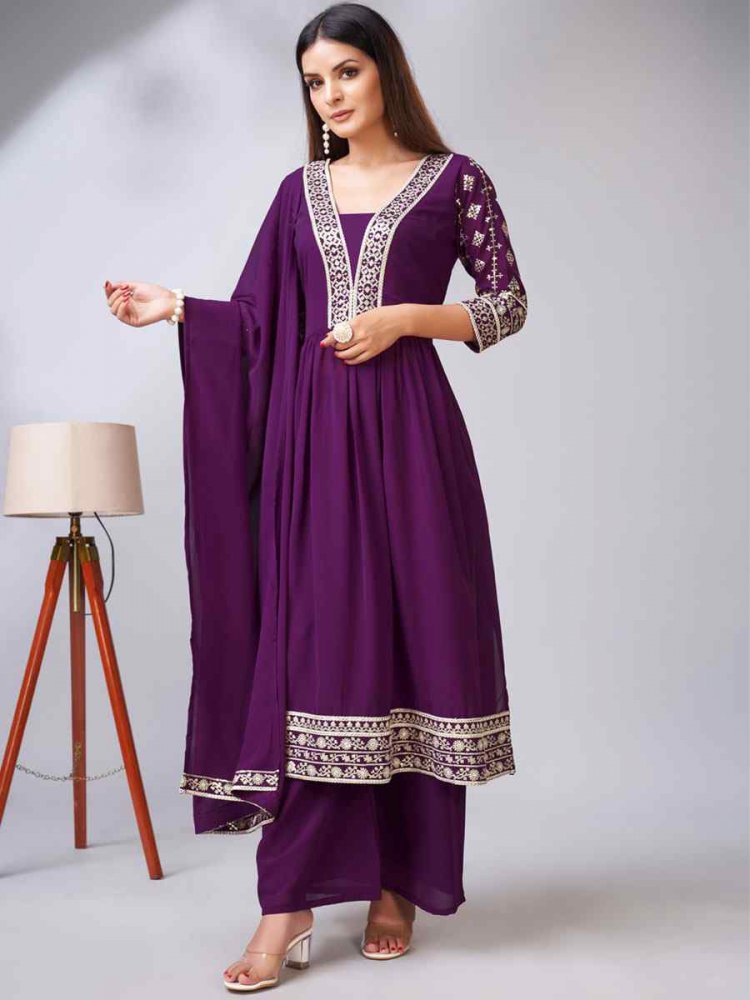 Purple Georgette Embroidered Festival Casual Ready Pant Salwar Kameez