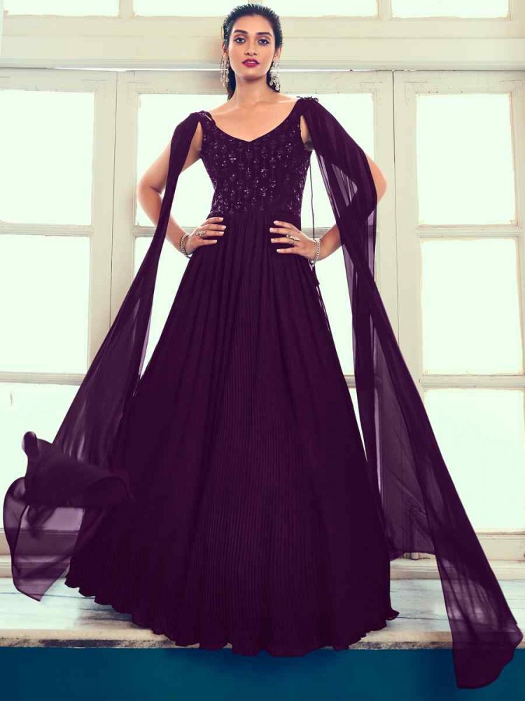 Purple Georgette Embroidered Festival Party Gown