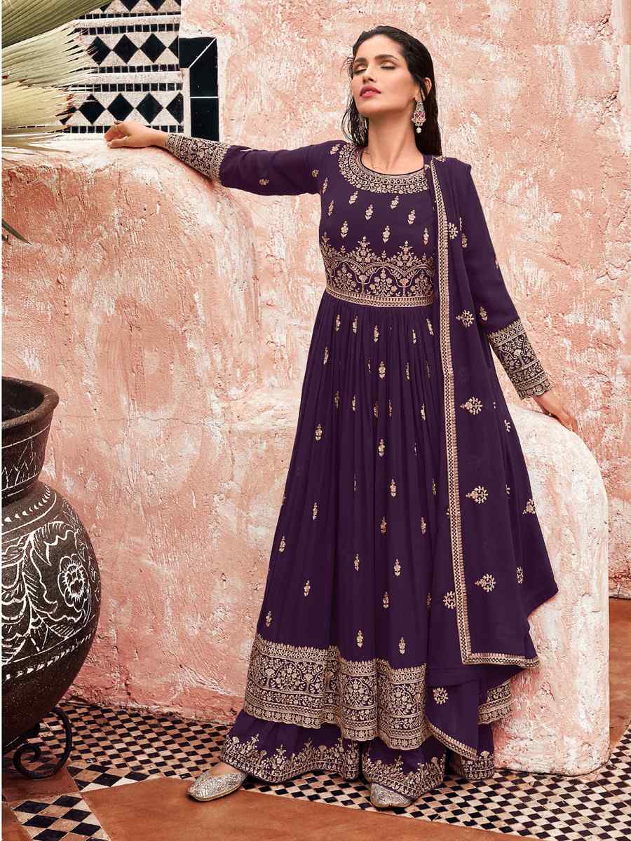 Purple Georgette Embroidered Festival Wedding Anarkali Salwar Kameez