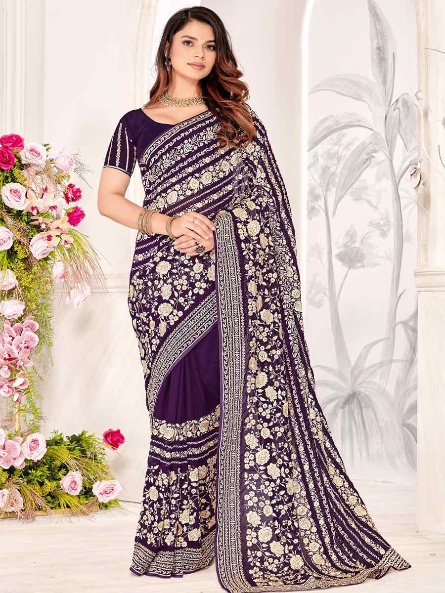 Purple Georgette Embroidered Festival Wedding Fancy Heavy Border Saree