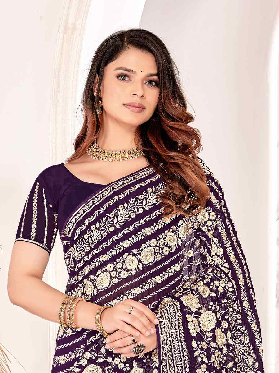 Purple Georgette Embroidered Festival Wedding Fancy Heavy Border Saree