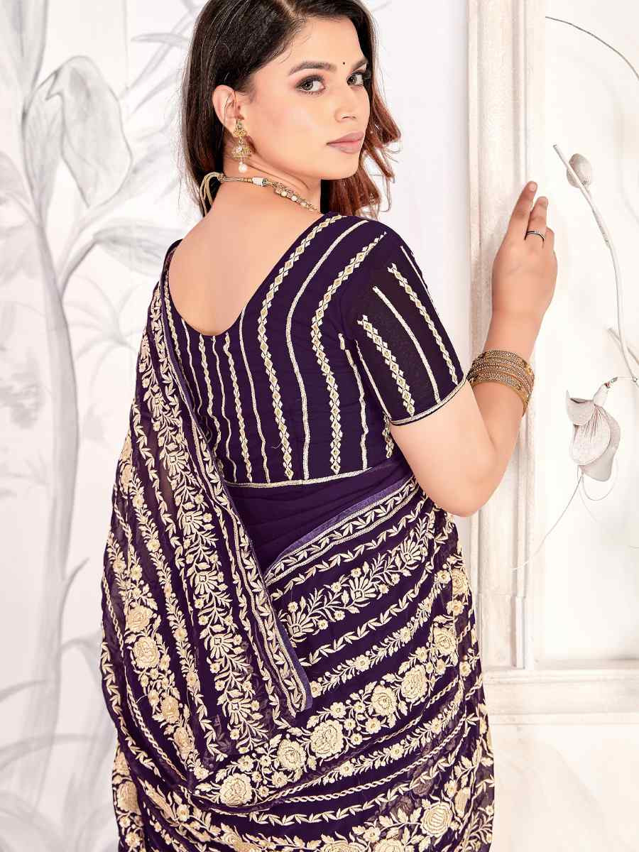 Purple Georgette Embroidered Festival Wedding Fancy Heavy Border Saree
