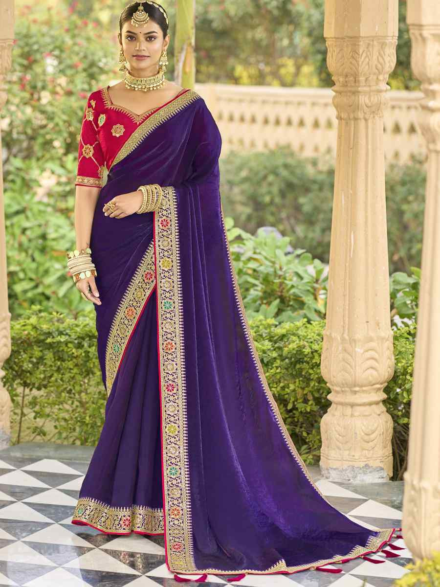 Purple Georgette Embroidered Festival Wedding Fancy Heavy Border Saree