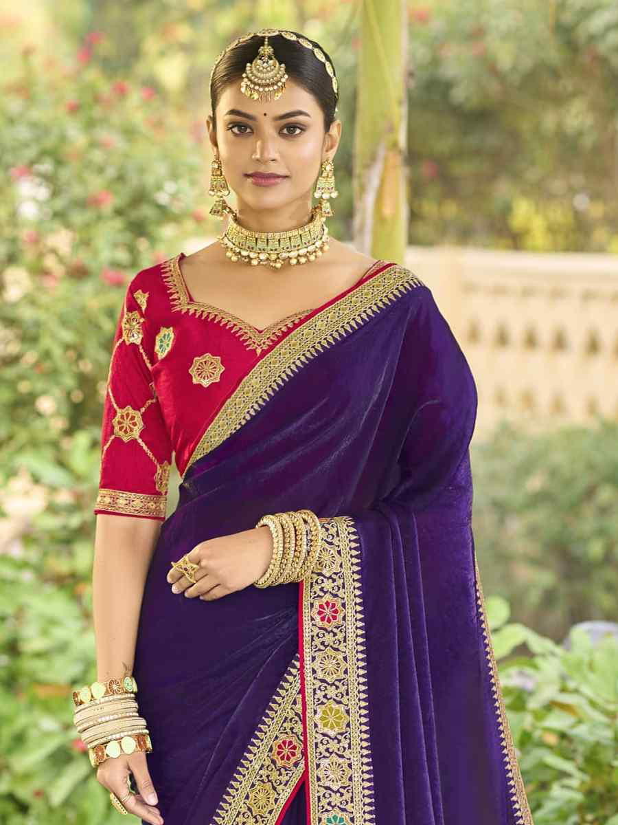 Purple Georgette Embroidered Festival Wedding Fancy Heavy Border Saree
