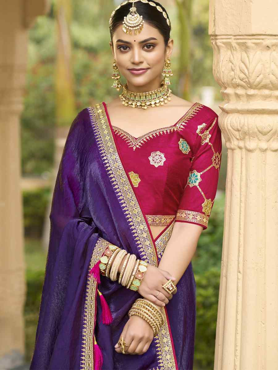 Purple Georgette Embroidered Festival Wedding Fancy Heavy Border Saree