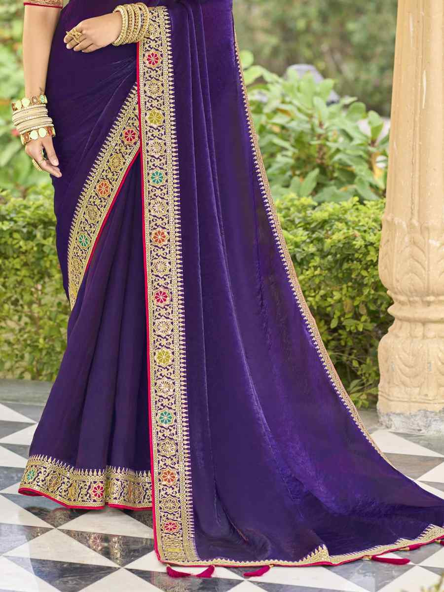 Purple Georgette Embroidered Festival Wedding Fancy Heavy Border Saree