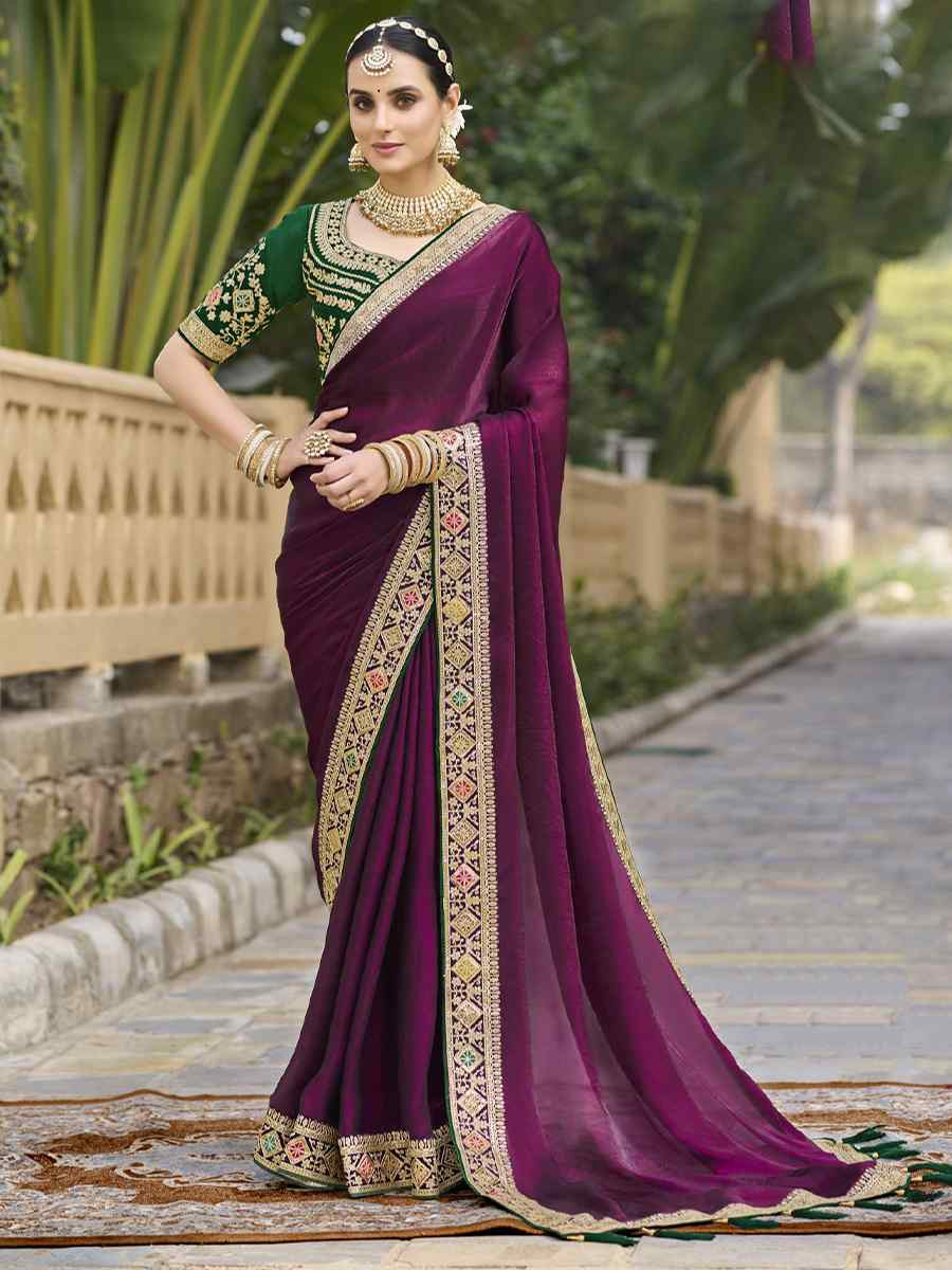 Purple Georgette Embroidered Festival Wedding Fancy Heavy Border Saree