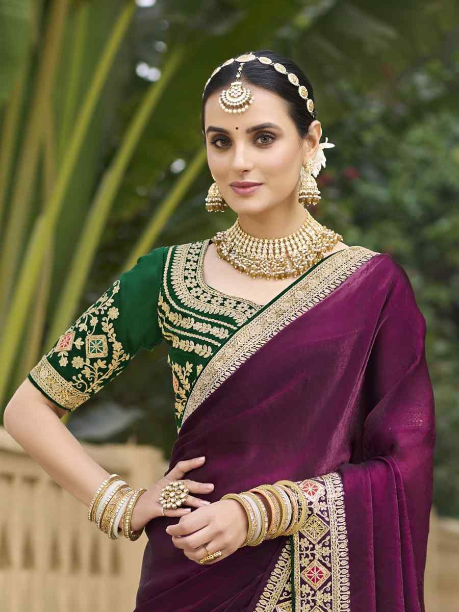 Purple Georgette Embroidered Festival Wedding Fancy Heavy Border Saree
