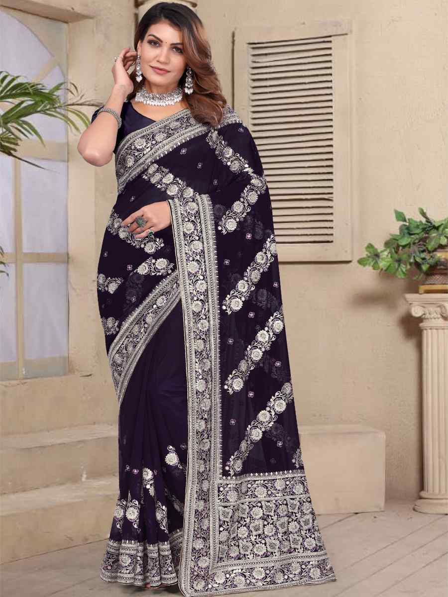 Purple Georgette Embroidered Festival Wedding Fancy Heavy Border Saree