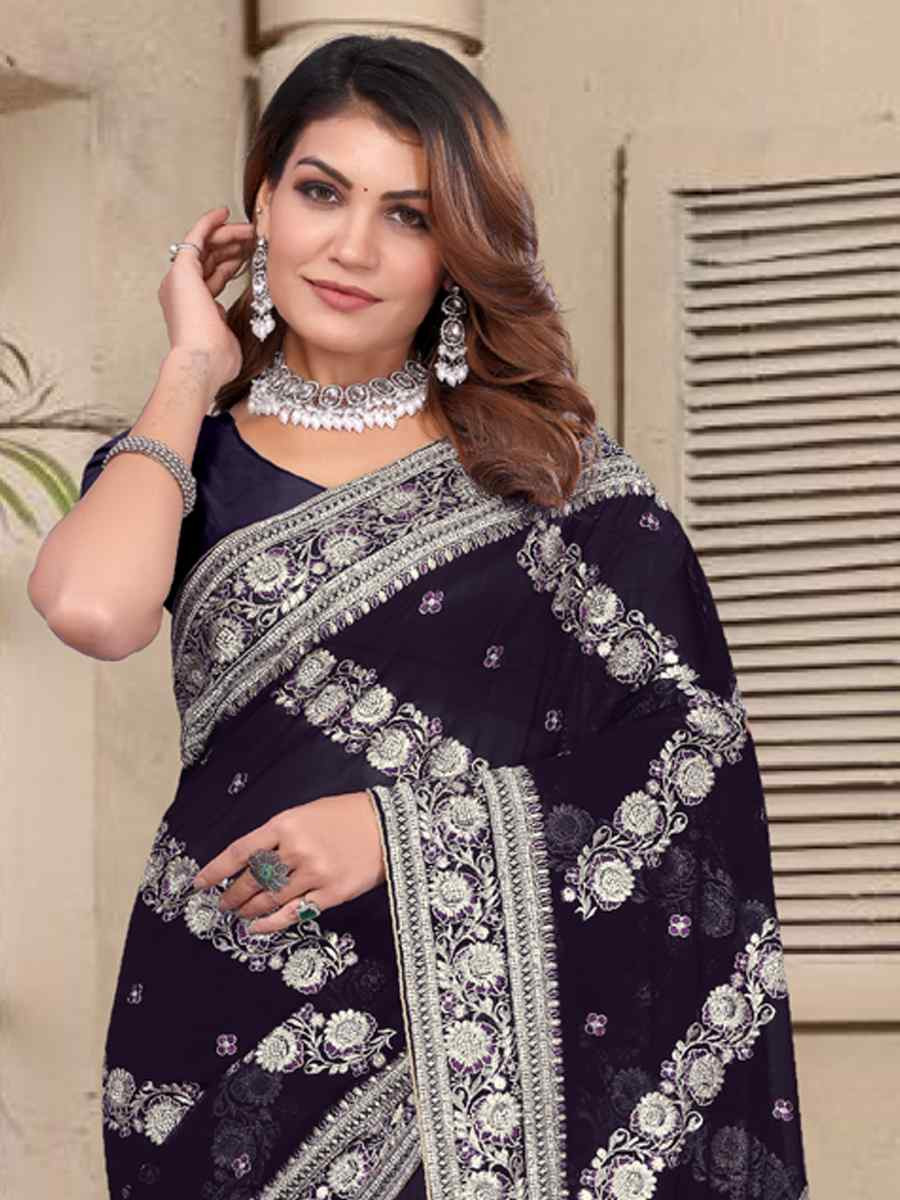 Purple Georgette Embroidered Festival Wedding Fancy Heavy Border Saree