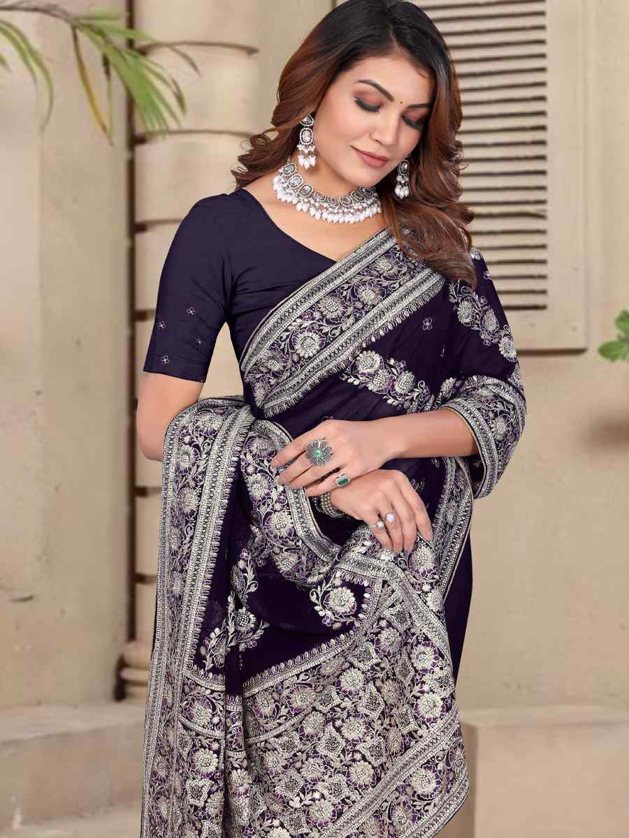 Purple Georgette Embroidered Festival Wedding Fancy Heavy Border Saree