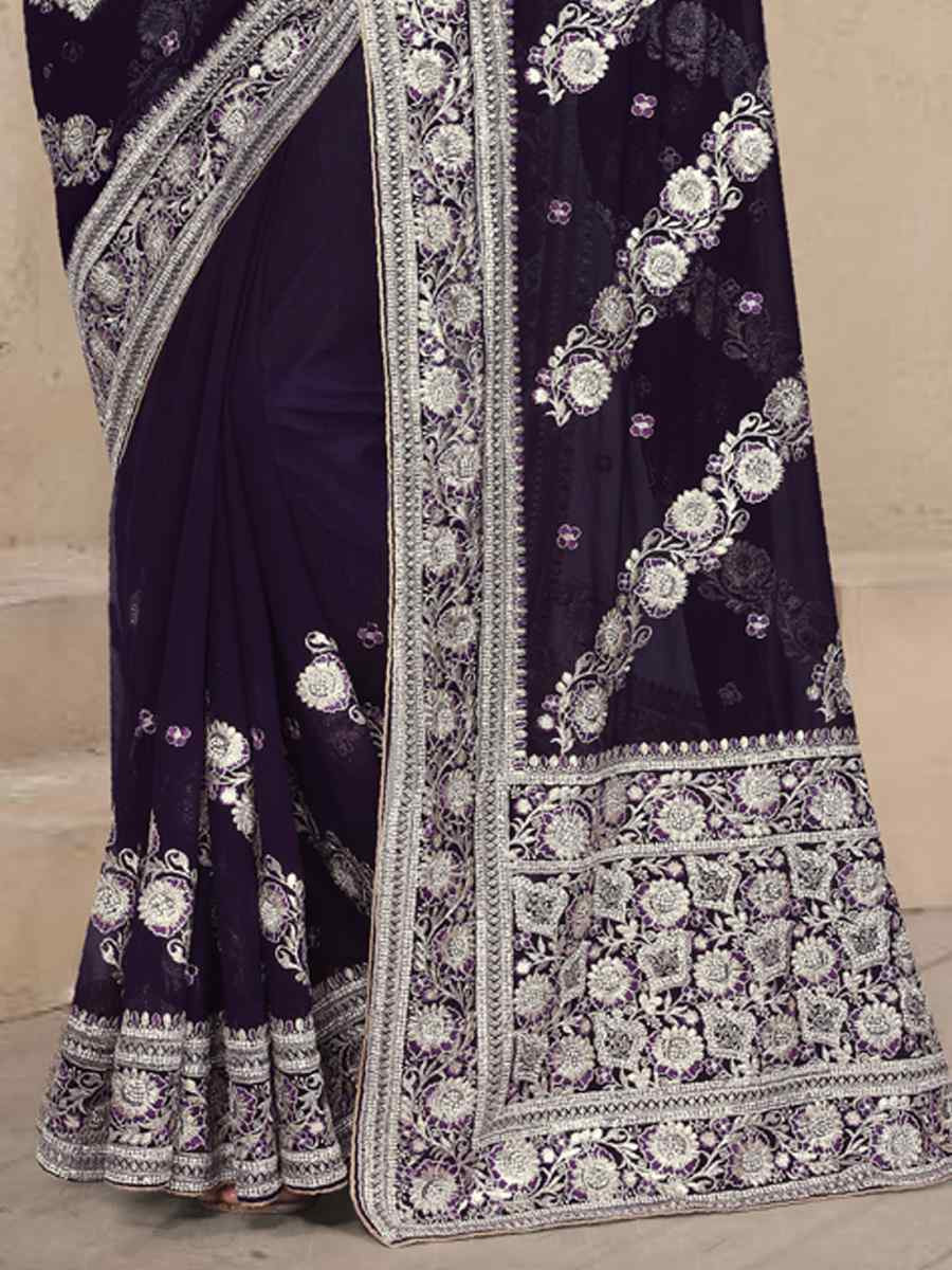 Purple Georgette Embroidered Festival Wedding Fancy Heavy Border Saree