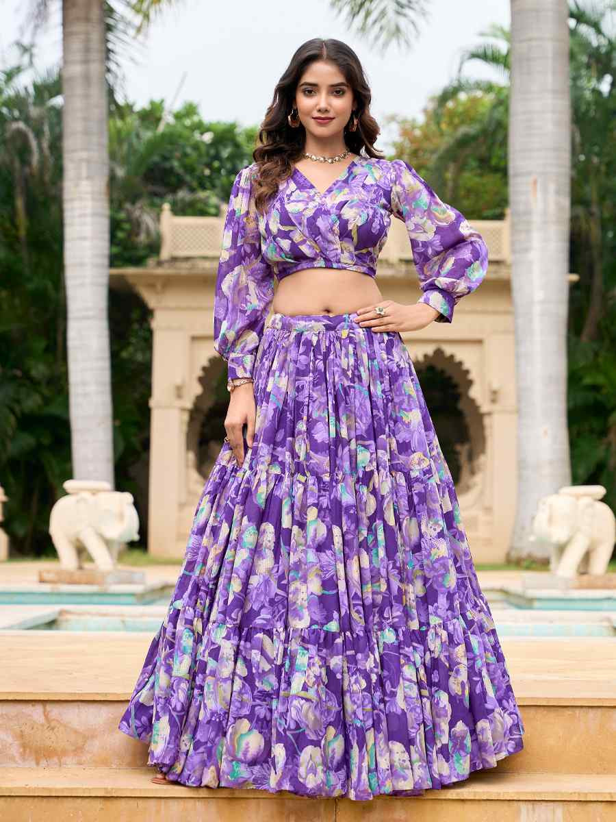 Purple Georgette Embroidered Festival Wedding Heavy Border Lehenga Choli