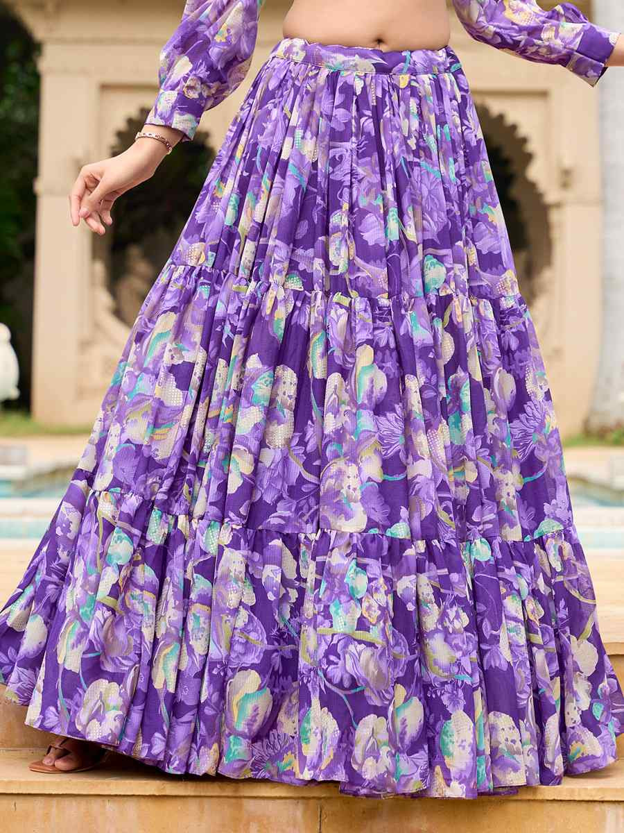 Purple Georgette Embroidered Festival Wedding Heavy Border Lehenga Choli