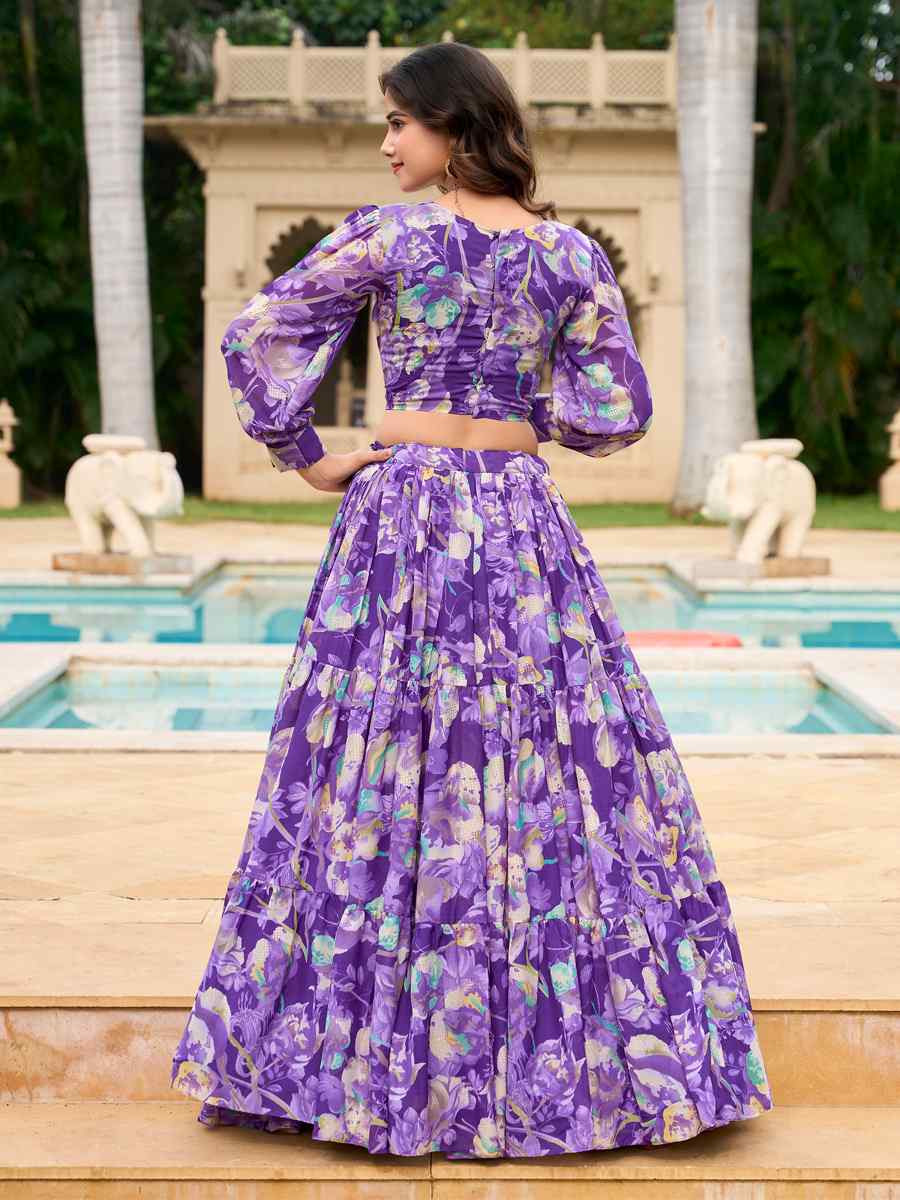 Purple Georgette Embroidered Festival Wedding Heavy Border Lehenga Choli