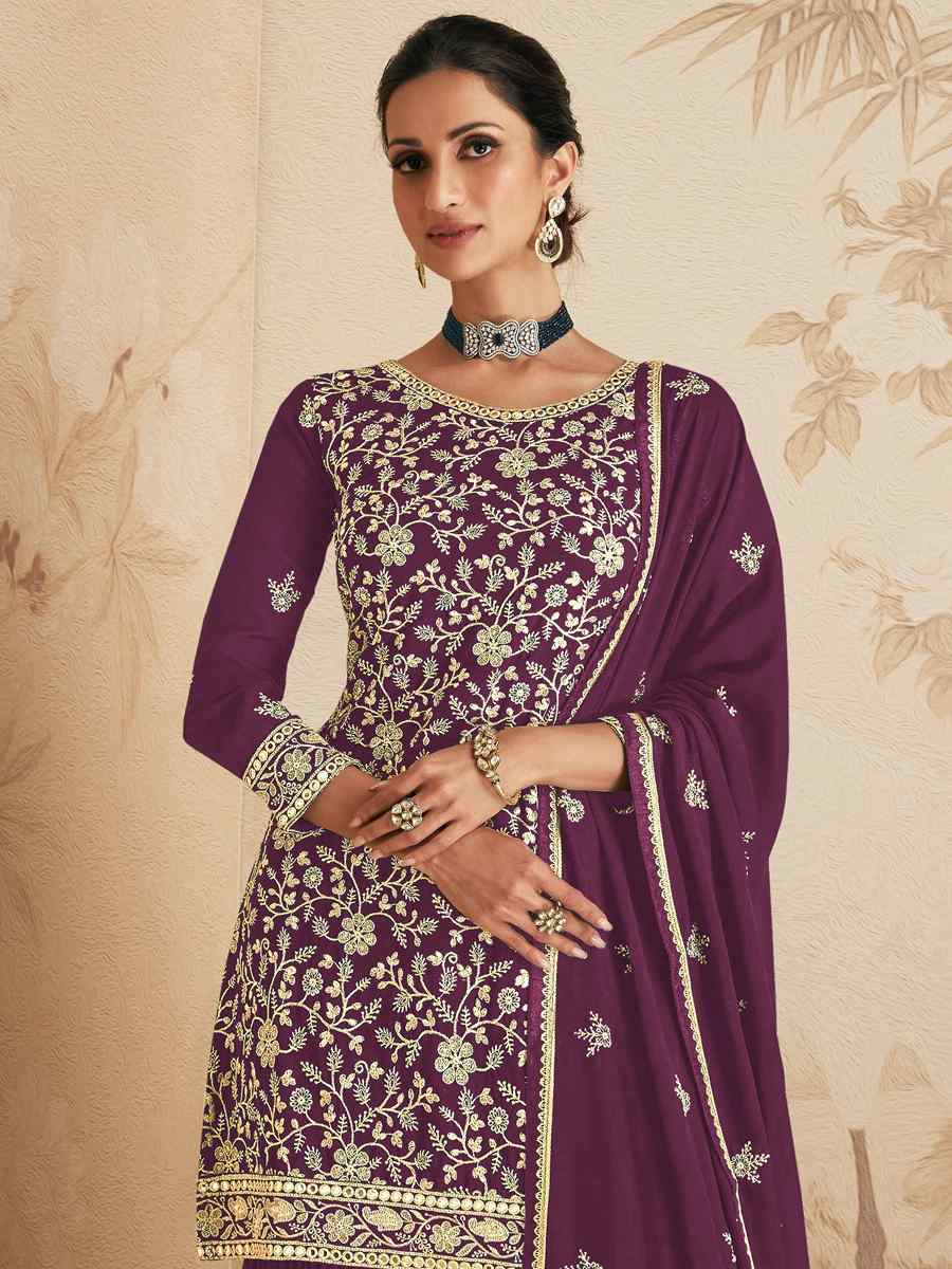 Purple Georgette Embroidered Festival Wedding Palazzo Pant Salwar Kameez