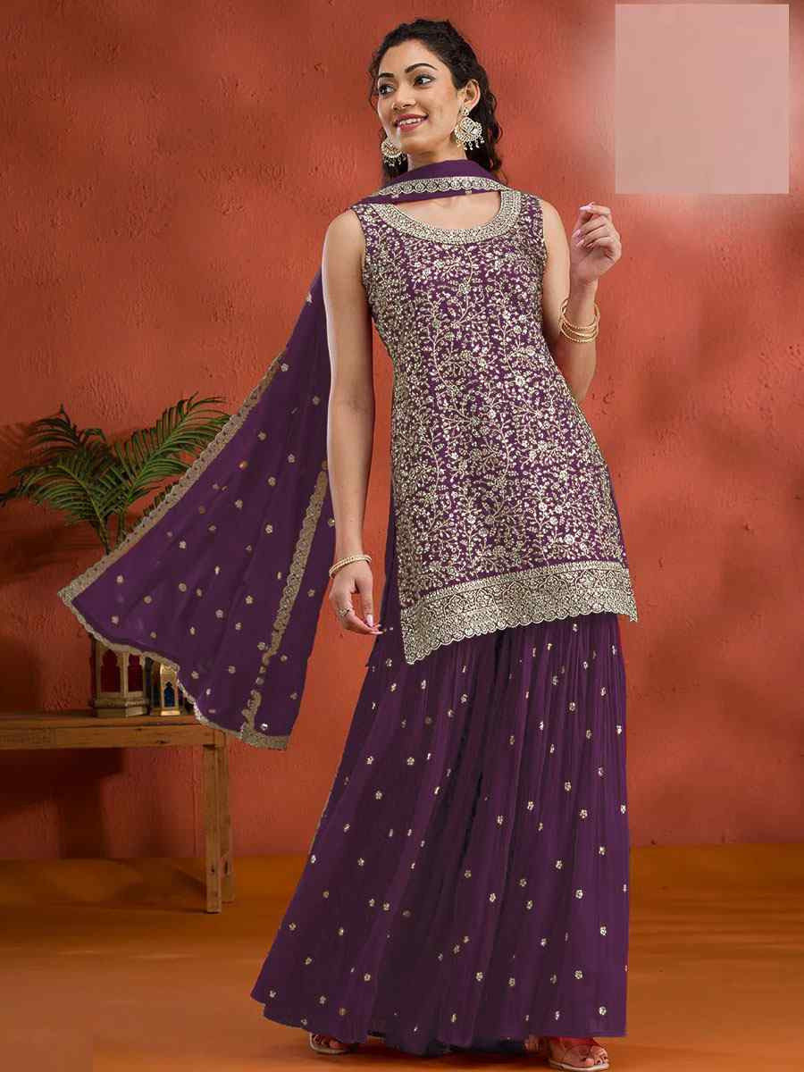 Purple Georgette Embroidered Festival Wedding Palazzo Pant Salwar Kameez