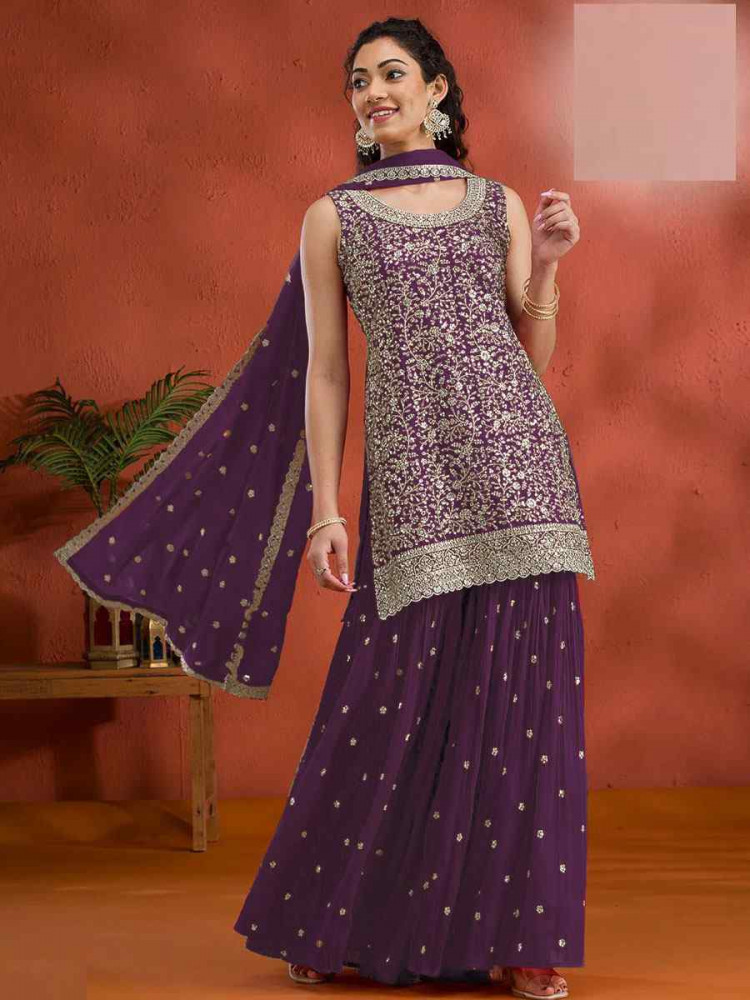 Image of Purple Georgette Embroidered Festival Wedding Palazzo Pant Salwar Kameez