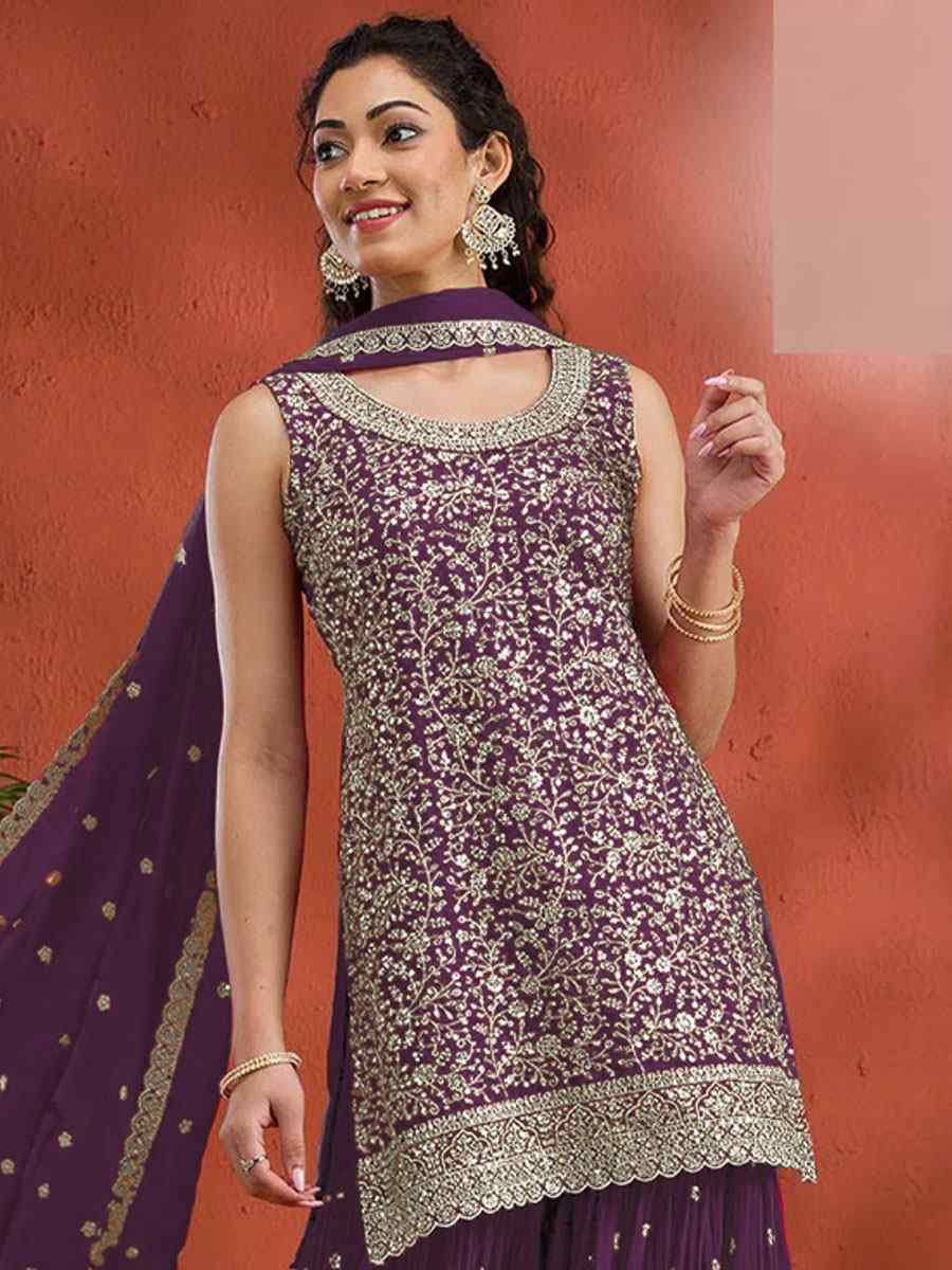 Purple Georgette Embroidered Festival Wedding Palazzo Pant Salwar Kameez