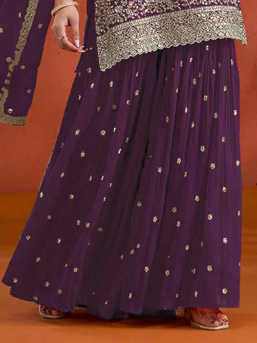 Purple Georgette Embroidered Festival Wedding Palazzo Pant Salwar Kameez