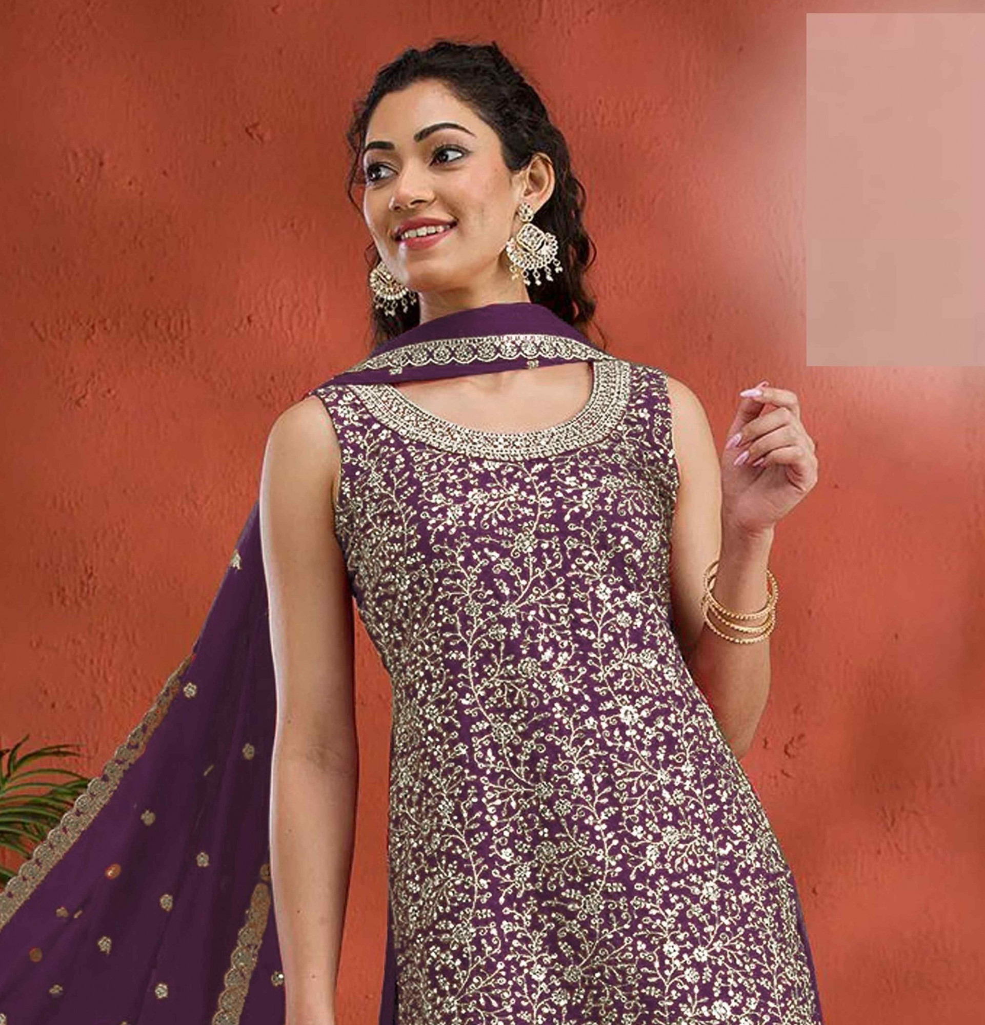 Purple Georgette Embroidered Festival Wedding Palazzo Pant Salwar Kameez