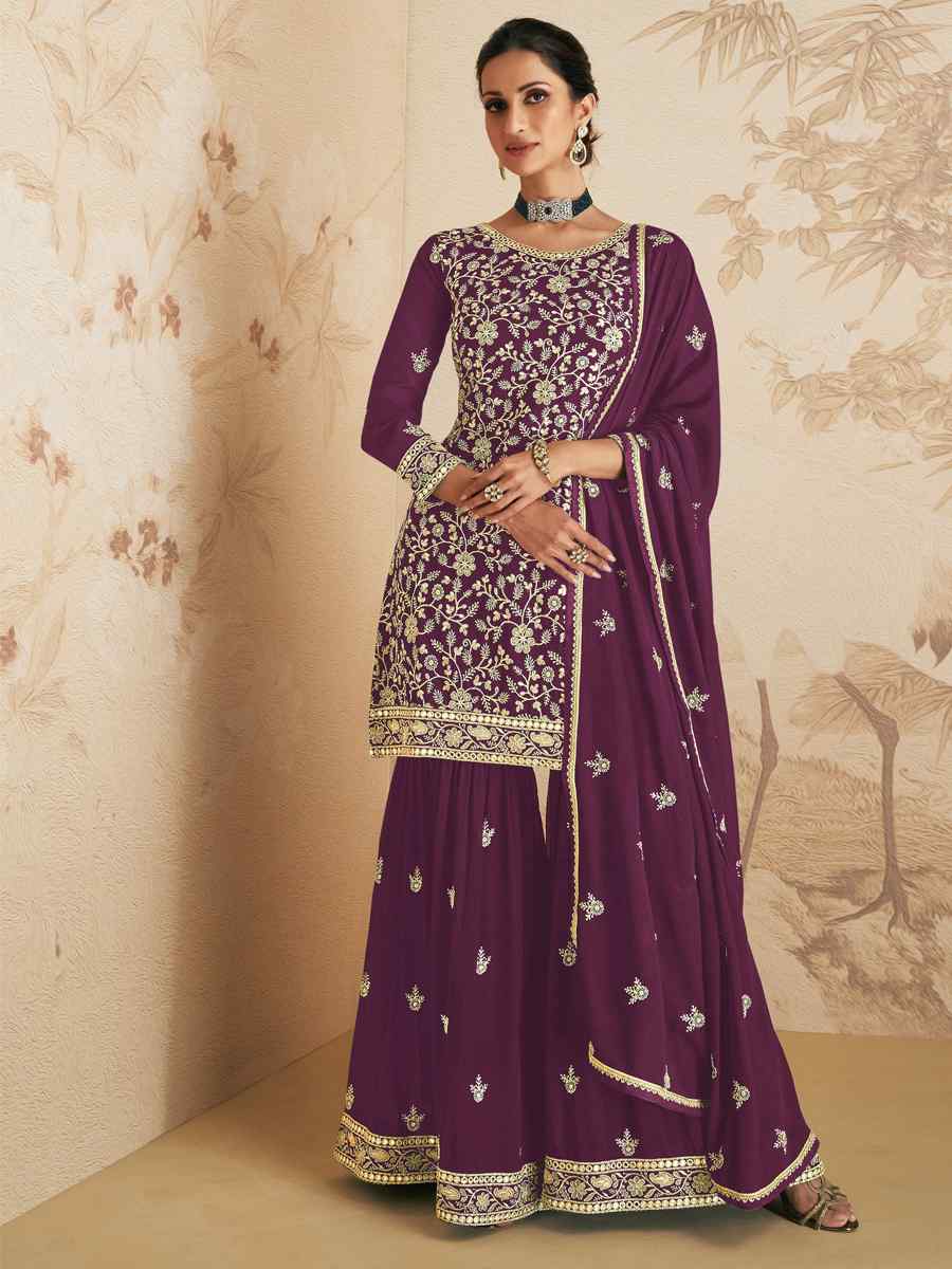 Purple Georgette Embroidered Festival Wedding Palazzo Pant Salwar Kameez