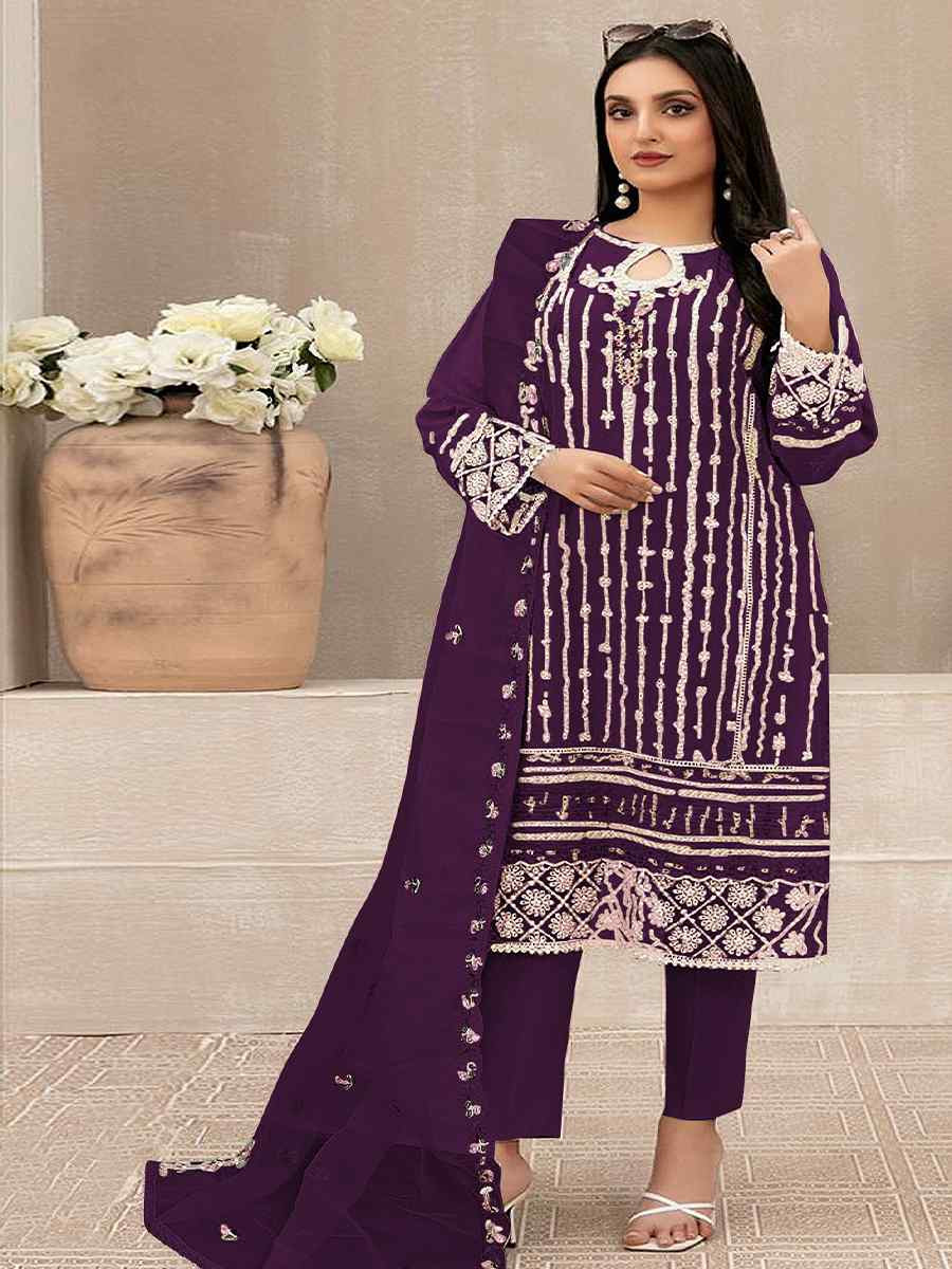 Purple Georgette Embroidered Festival Wedding Pant Salwar Kameez